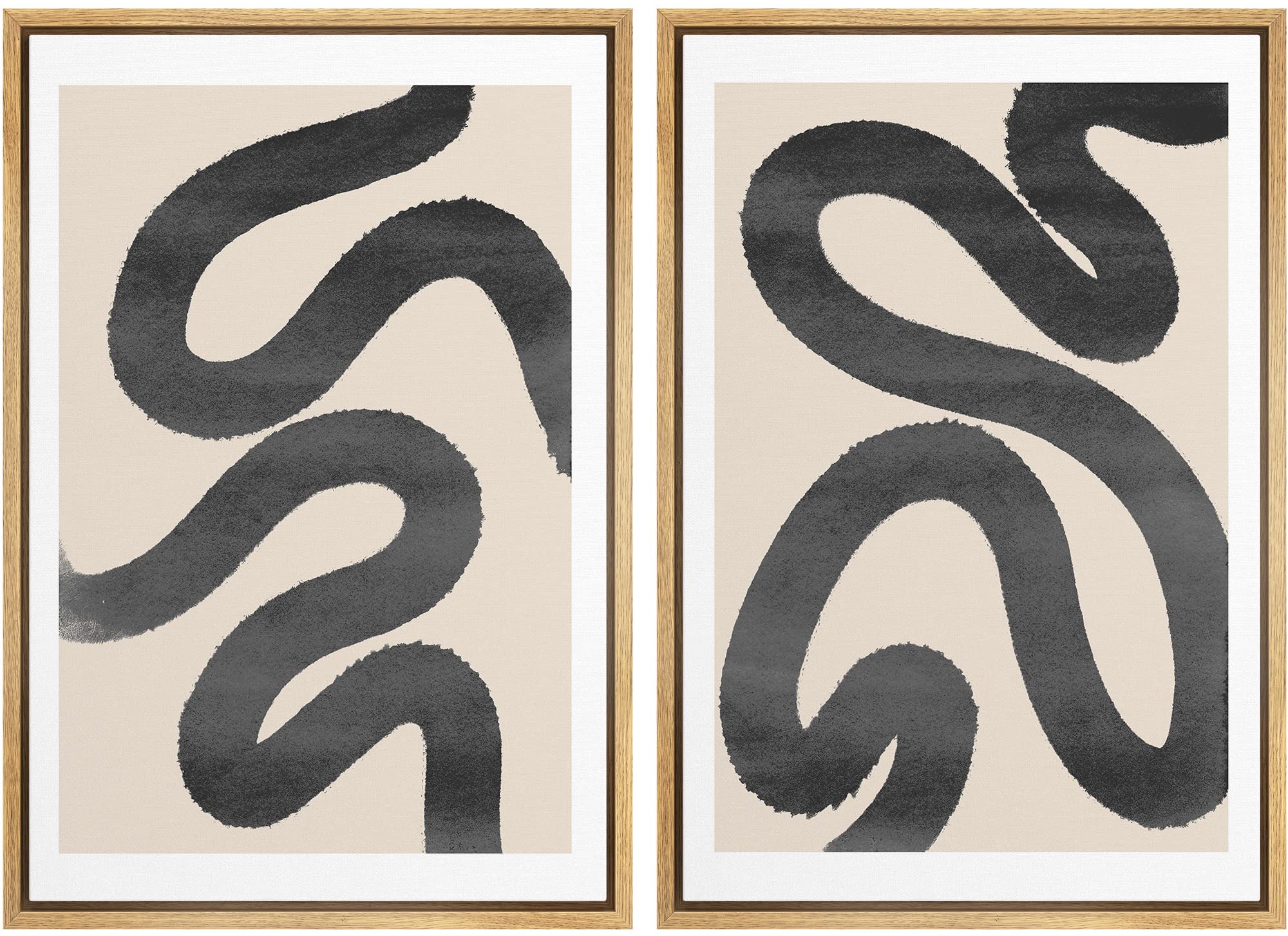 Signwin Framed Wall Art Print Set Black Squiggly Lines Over Tan Background Abstract Swirly Digital Art Modern Art Mid-Century Mo