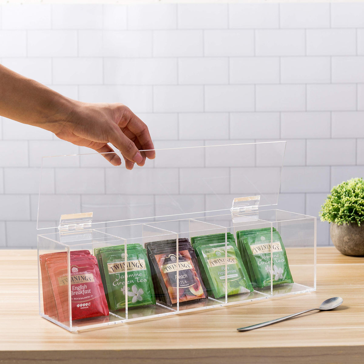 Mygift Modern Clear Premium Acrylic Tea Bag Organizer Box With 5 Compartments And Hinged Lid, Kitchen Countertop Storage Caddy F