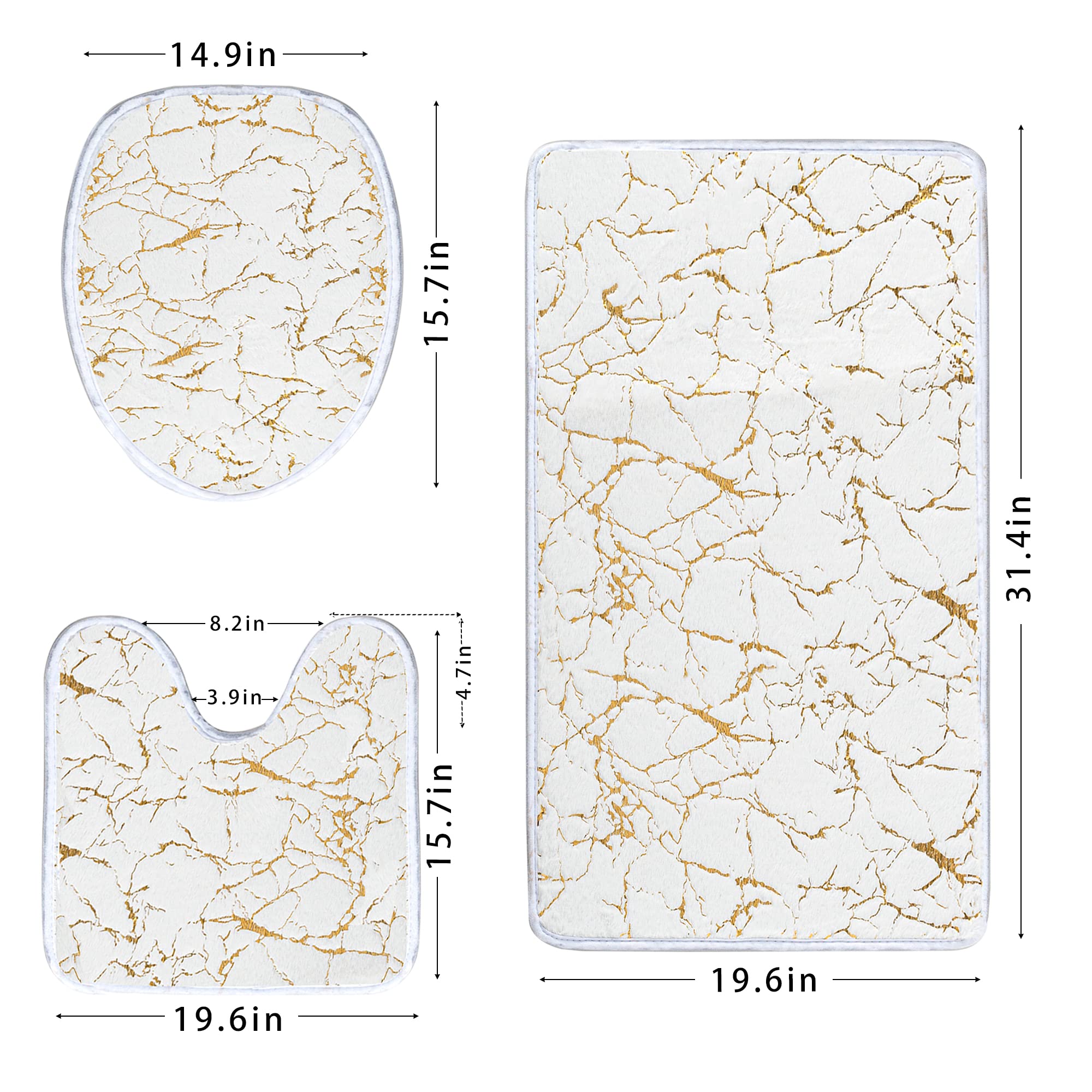 Marble Bathroom Rugs and Mats Set 3 Piece Nonslip White Gold Bathroom Mats Soft Washable Bath Mats for Bathroom Floor Mats Carpet Water Absorbent Shower Rug with U-Shaped Contour Rug Toilet Lid Cover