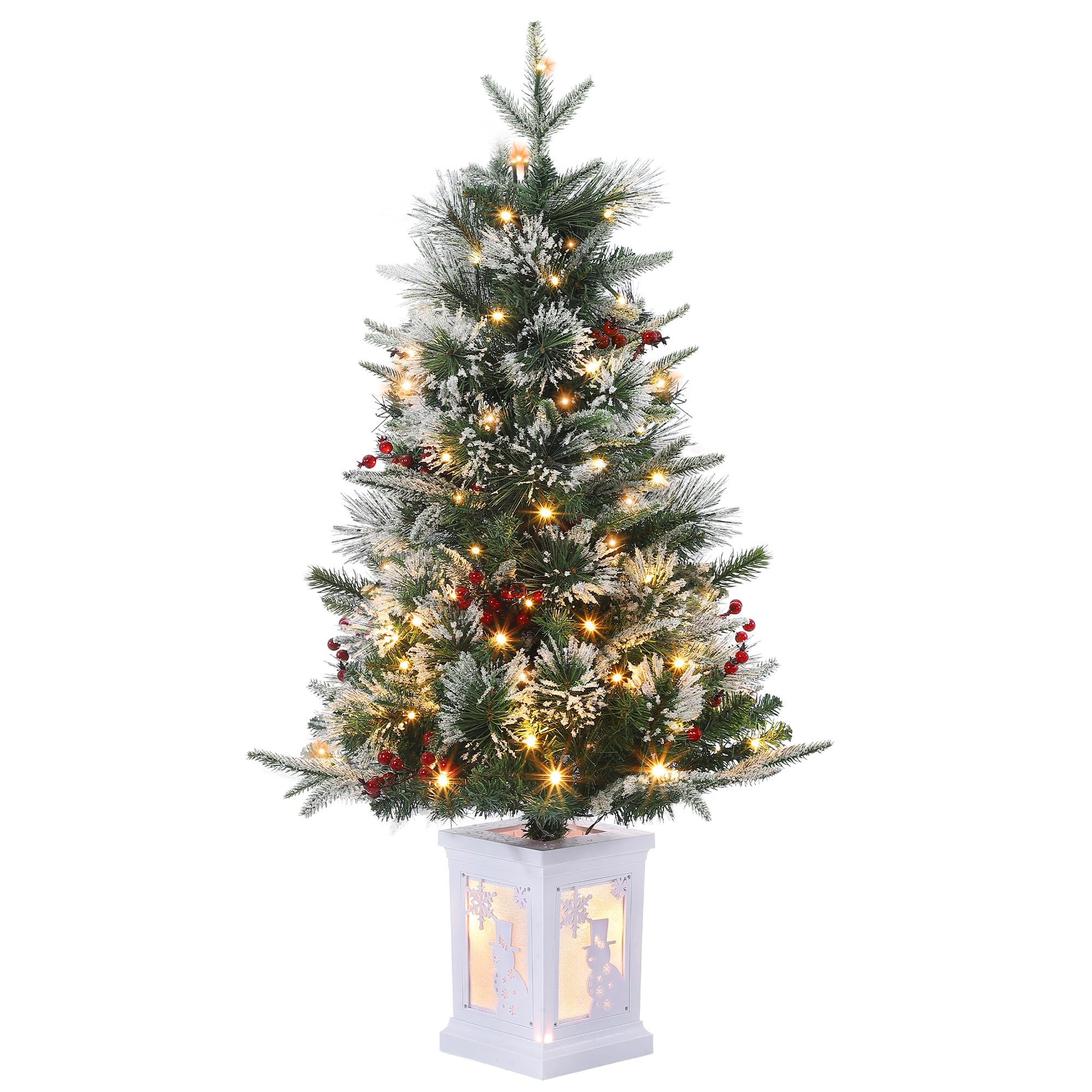 3 Ft Pre-Lit Christmas Tree, Artificial Christmas Trees with Lighting Snowman Base, Snow Flocked Xmas Trees with 70 LED Lights, 