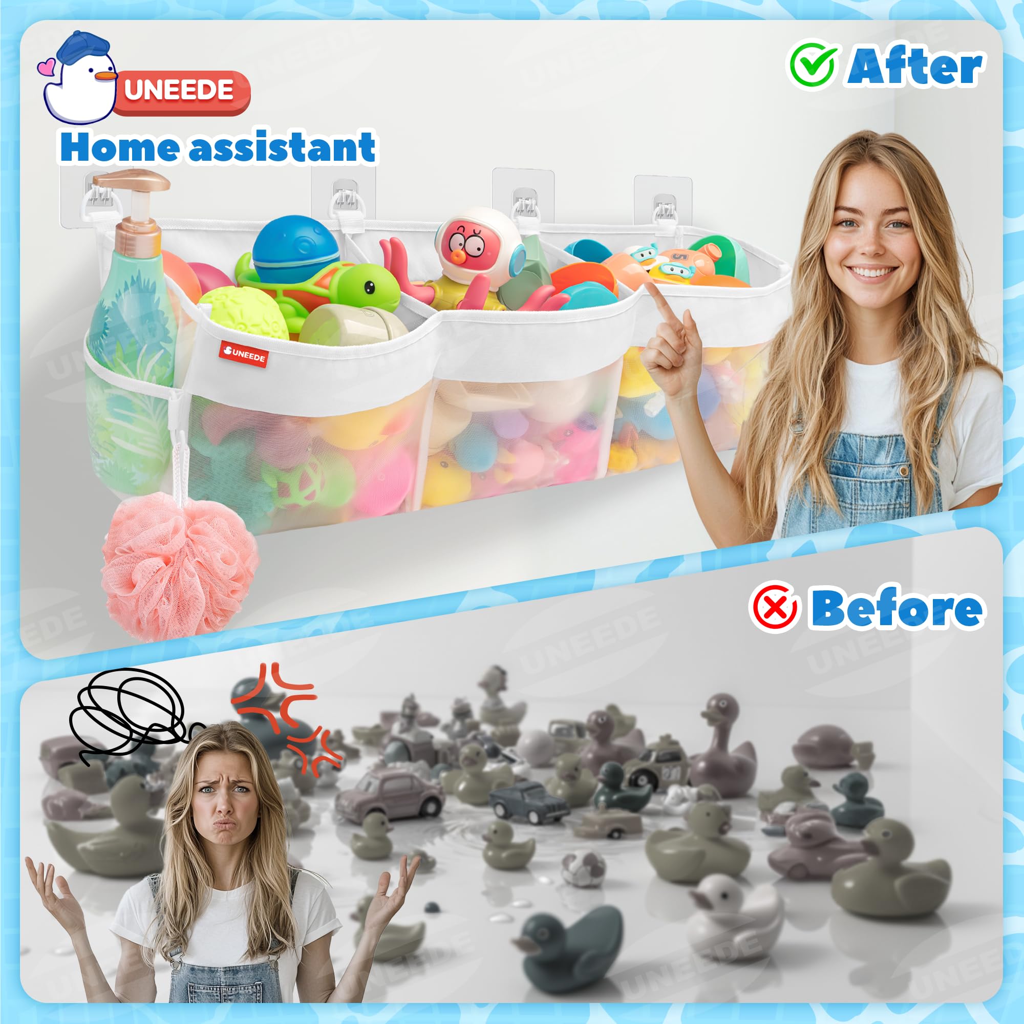 Uneede 3 Compartment Horizontal Bath Toy Storage,4.95 Gallons Bathtub Toy Storage Organizer,Bath Toy Holder For Bathtub,Baby Org