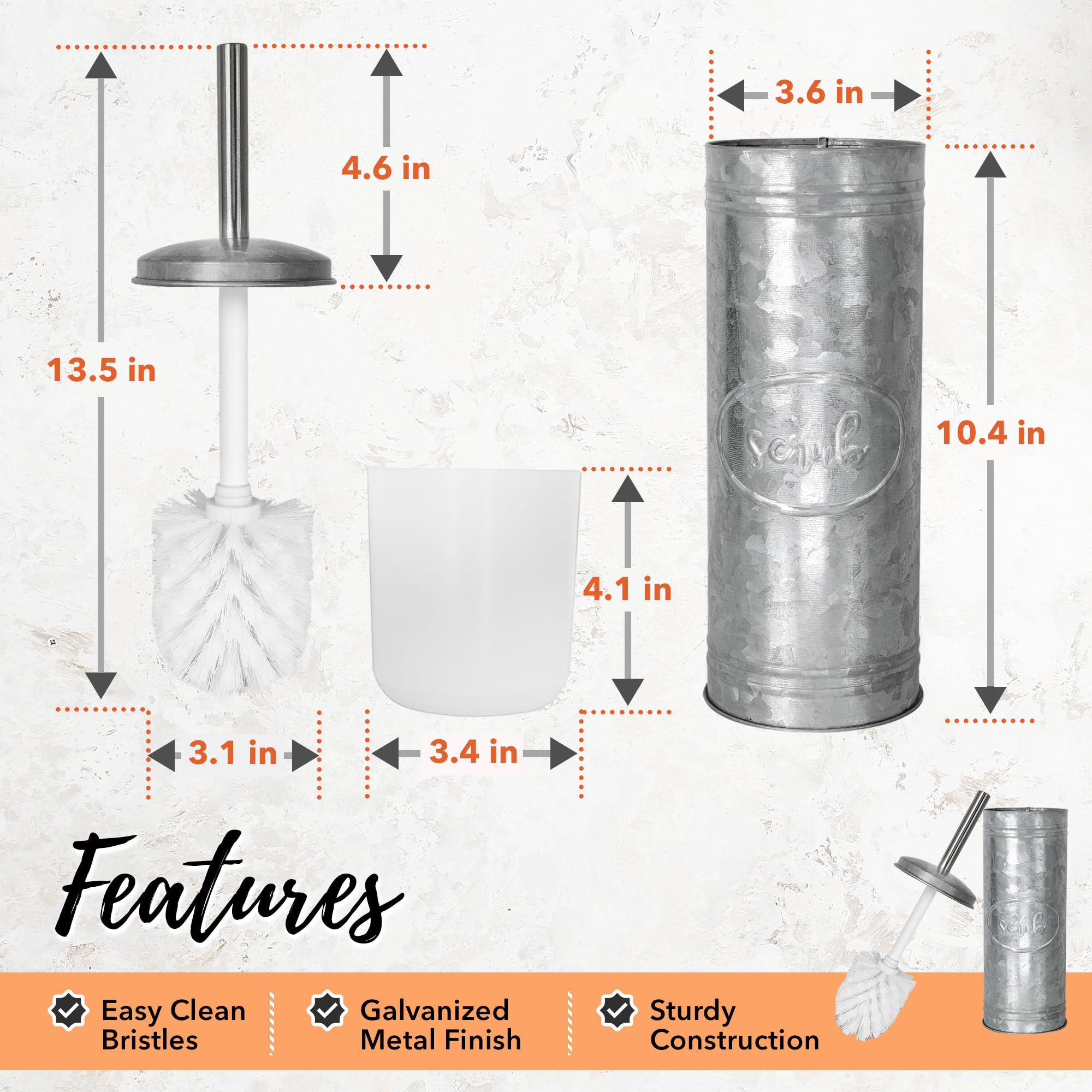 Autumn Alley Rustic Toilet Bowl Brush Set, Galvanized Metal Holder, Gray, TBR002