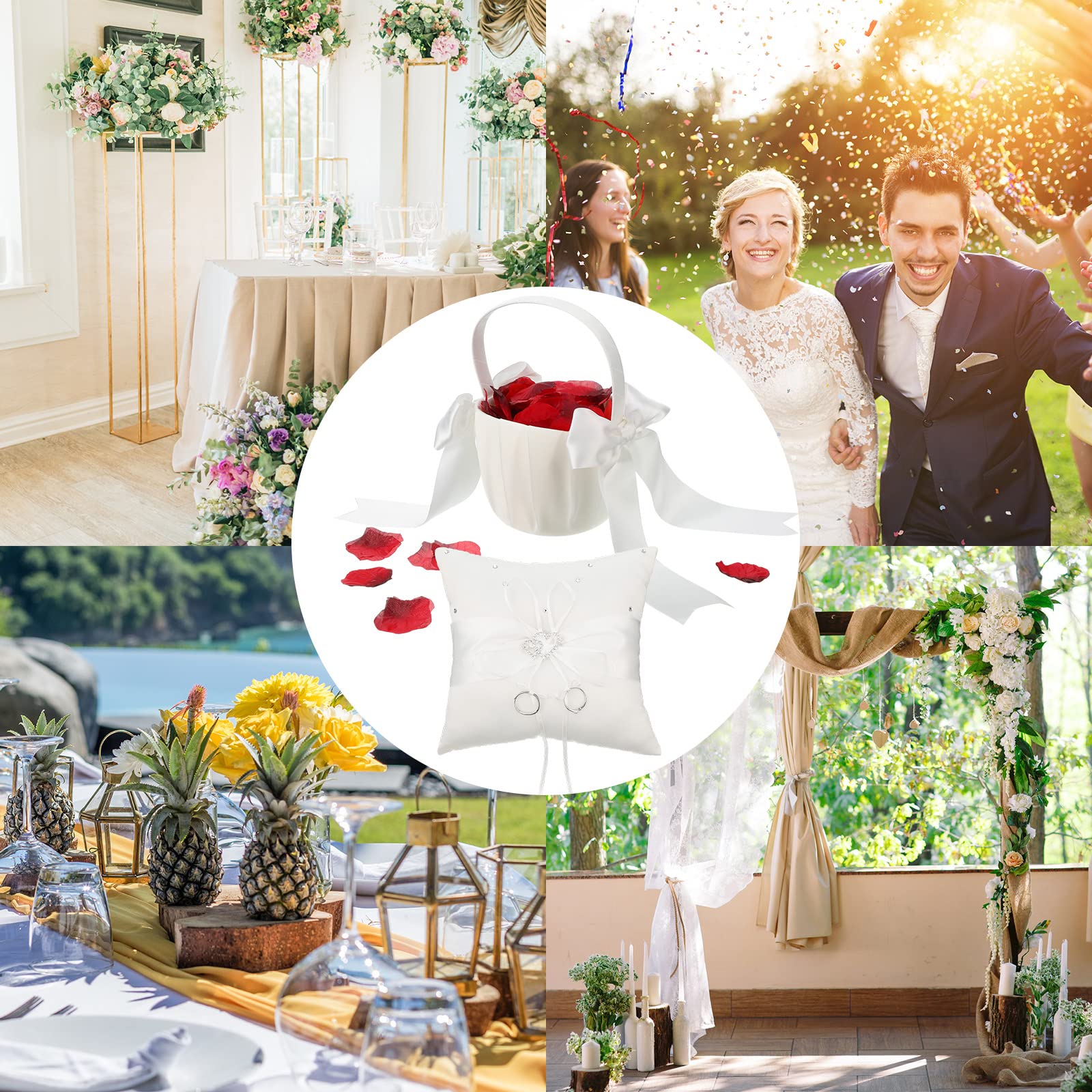 White Flower Girl Basket And Ring Bearer Pillow Set Rhinestones Satin Wedding Ring Pillow Wedding Flower Baskets For Wedding Gif
