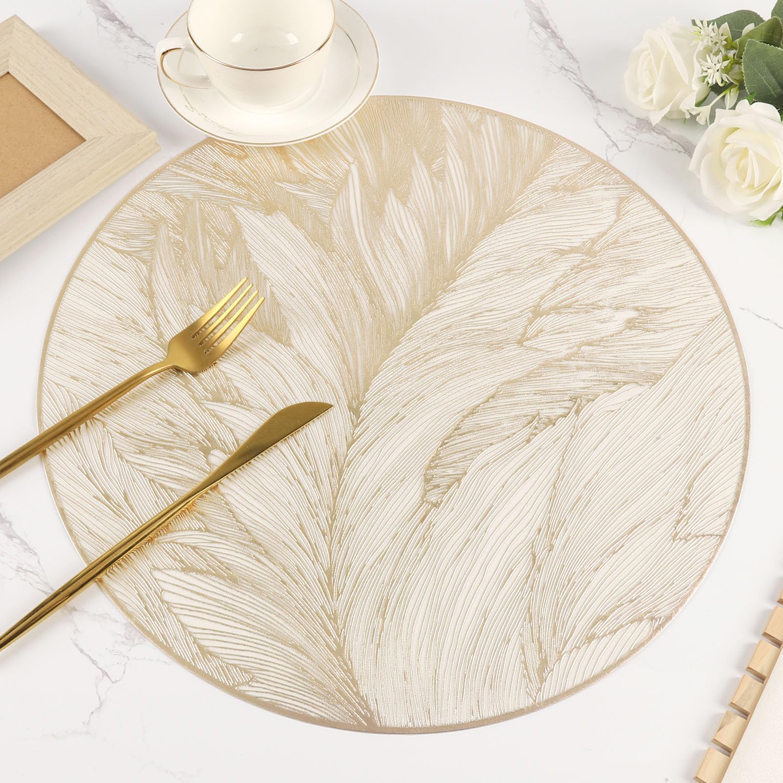 Evevda Gold Round Placemats Vinyl Leaf Table Mats Set of 6 15Inches