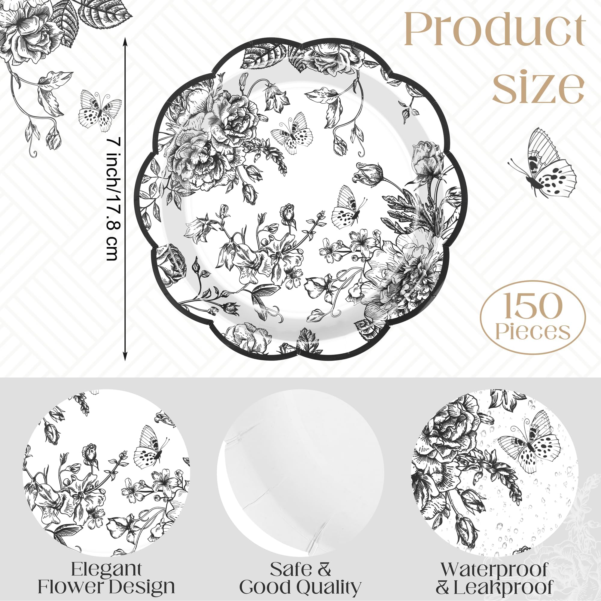 Kochorie 150 Pieces Black Flower Paper Plates 7 Inches Disposable Floral Paper Plates Scalloped Black Chinoiserie Vintage Flower
