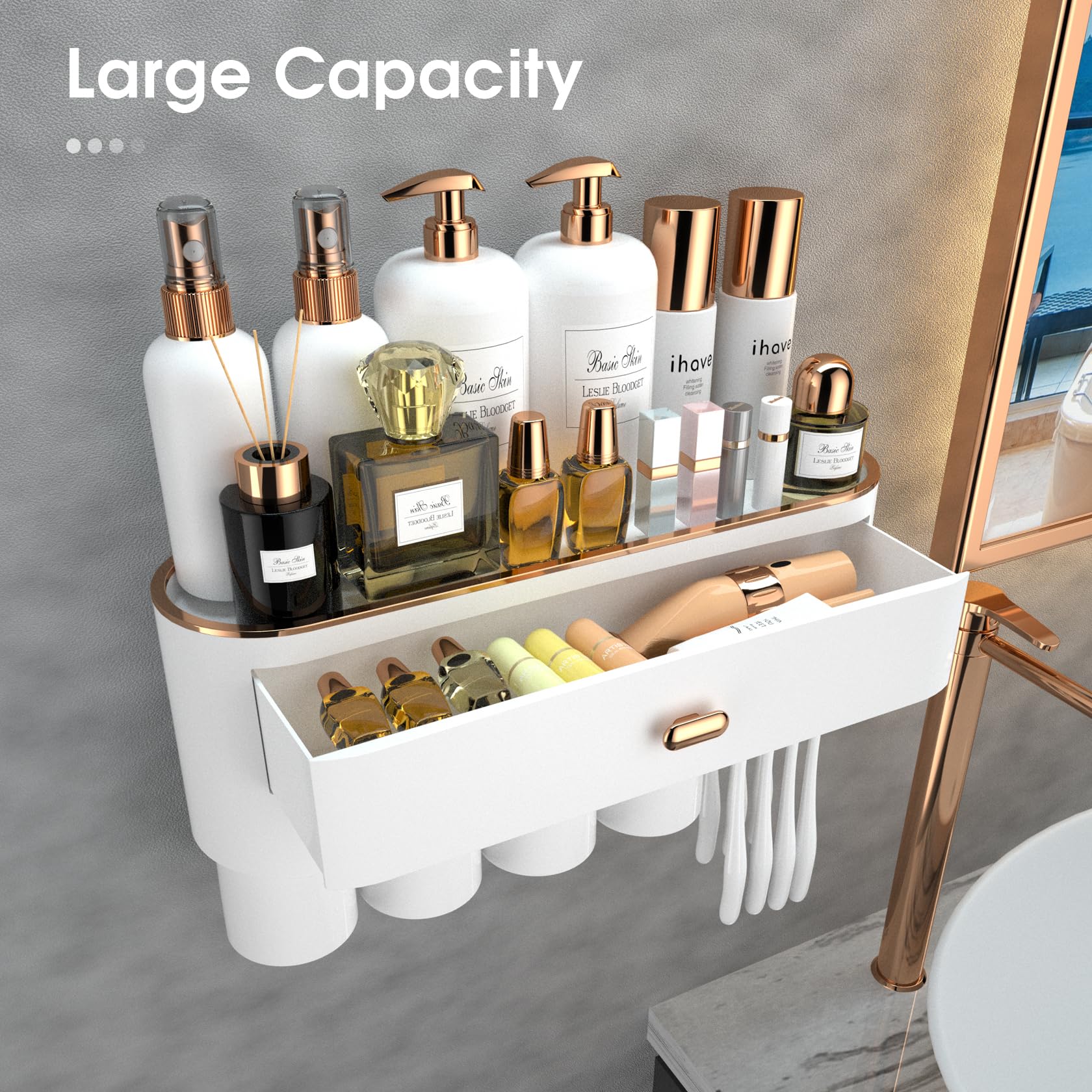Ihave Toothbrush Holders For Bathrooms, 4 Cups Toothbrush Holder Wall Mounted With Large Capacity Drawer And Tray - Bathroom Sto