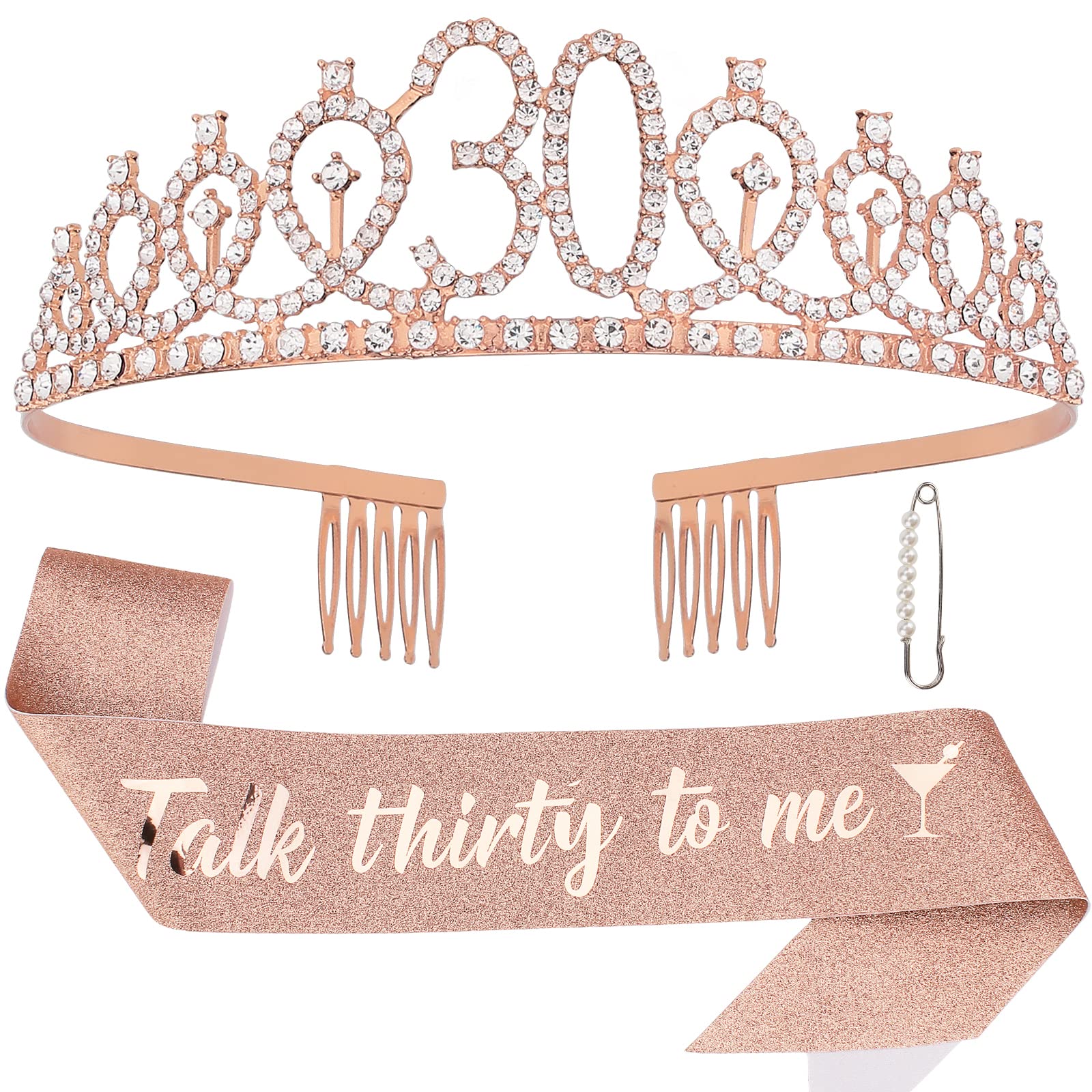 Semato 30Th Birthday Sash & Rhinestone Tiara Kit- Happy 30Th Birthday Gifts For Her 30Th Birthday Decorations For Women (Rose Go