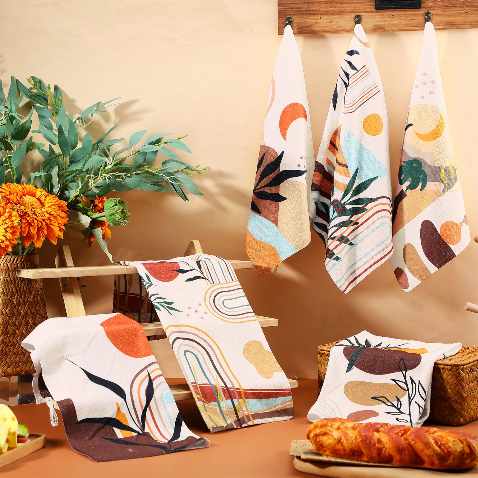Breling Set of 6 Boho Kitchen Towels Mountains Rivers Sun Moon Dish Towel Bathroom Absorbent Tea Towels for Kitchen Bathroom Hom