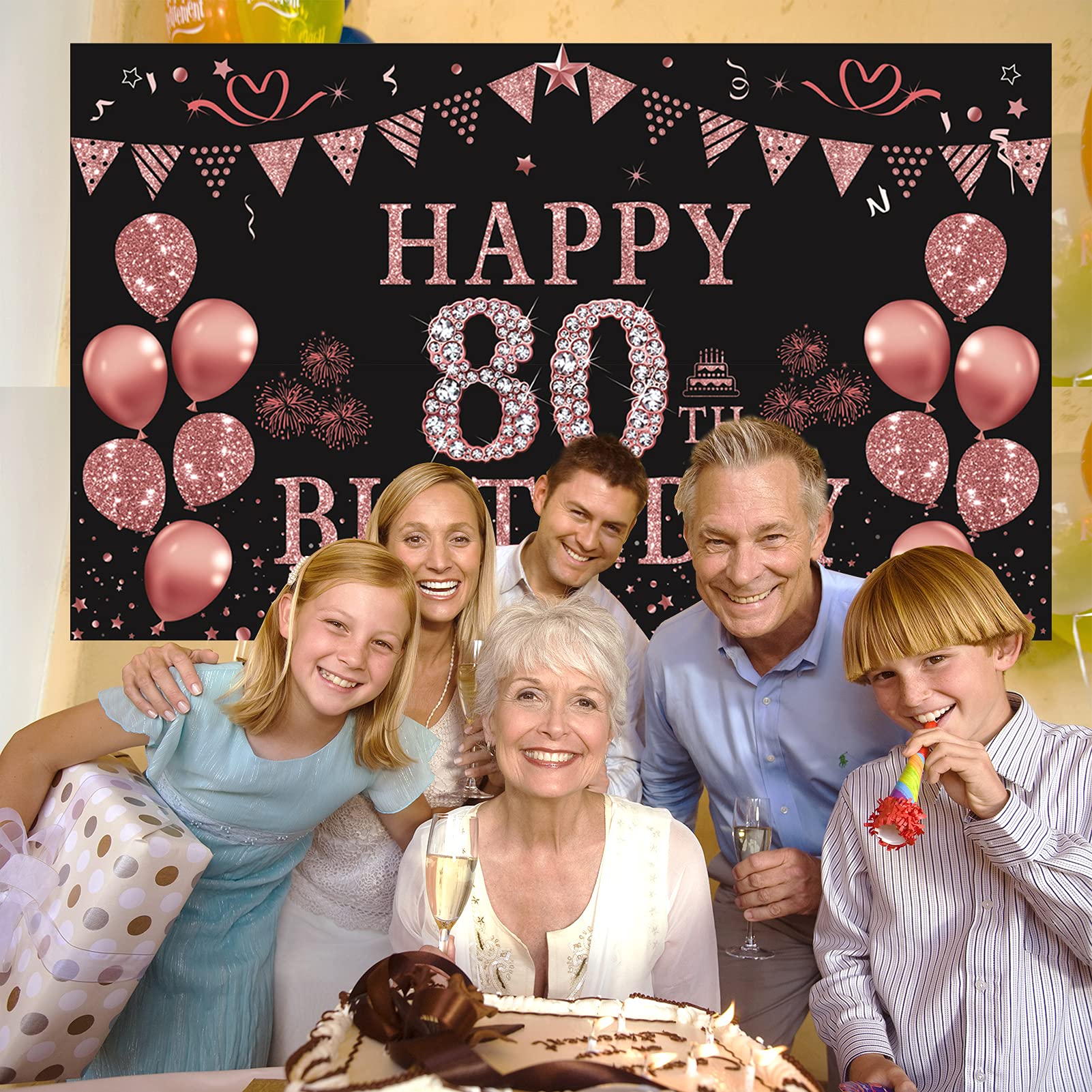 Trgowaul 80Th Birthday Decorations For Women Rose Gold Birthday Backdrop Banner 5.9 X 3.6 Fts Happy 80Th Birthday Party Suppiles