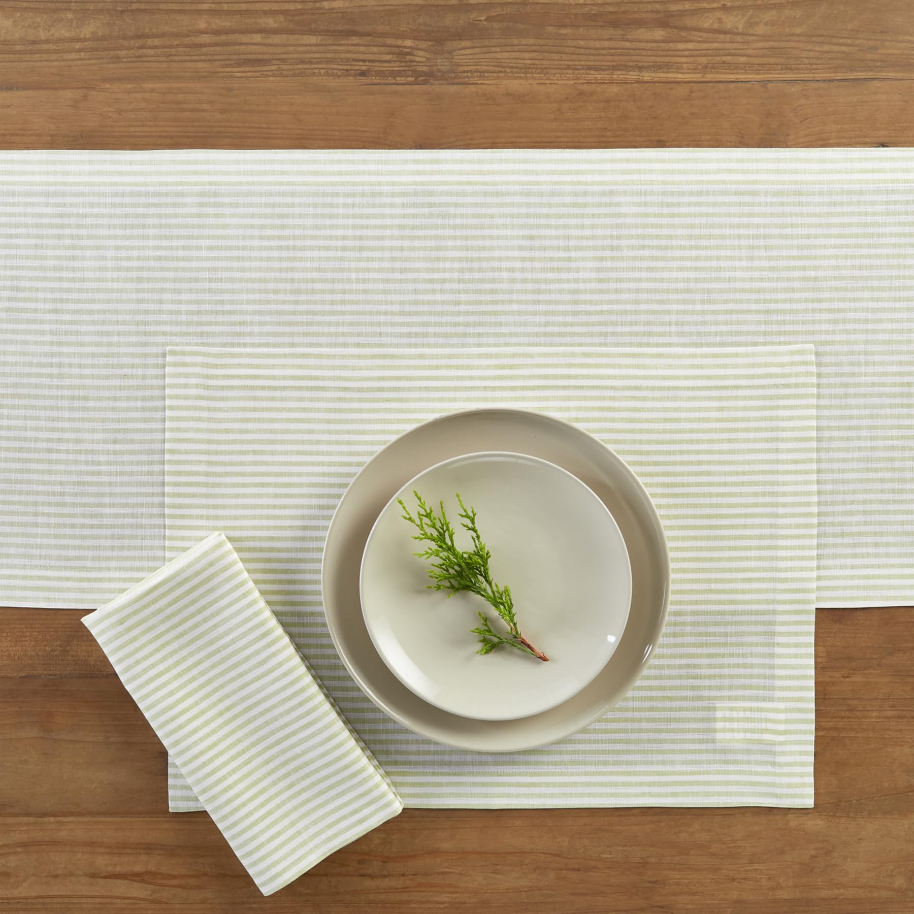Solino Home Stripe Linen Placemats 19'' L X 14'' W Inch - 100% Pure Linen Sage And White Cloth Placemats Set Of 4 - Narrow Strip