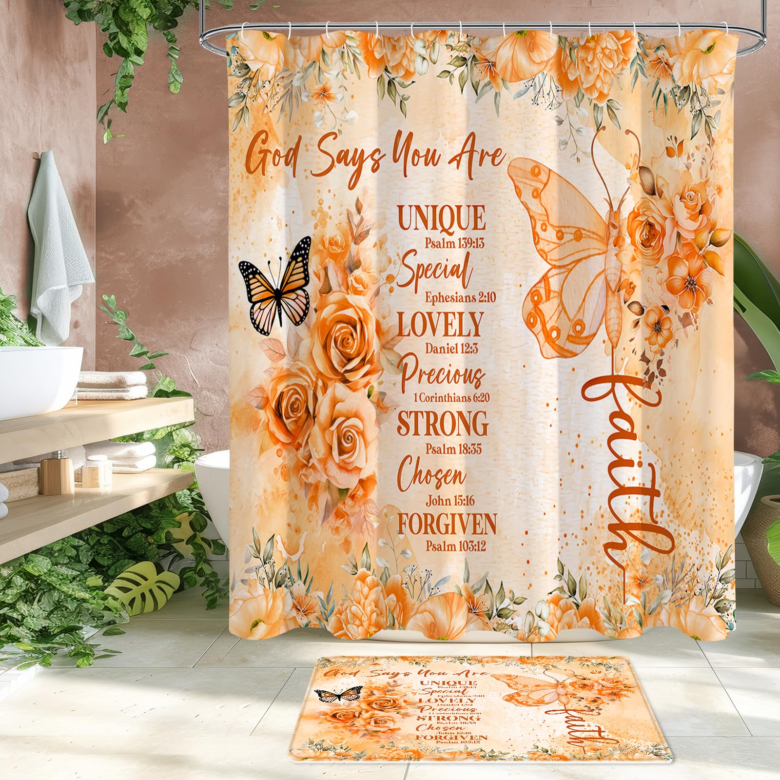 Litabel 4 Pcs Orange Butterfly Inspirational Quotes Shower Curtain Set With Rugs And Toilet Lid Cover, Colorful Boho Waterproof