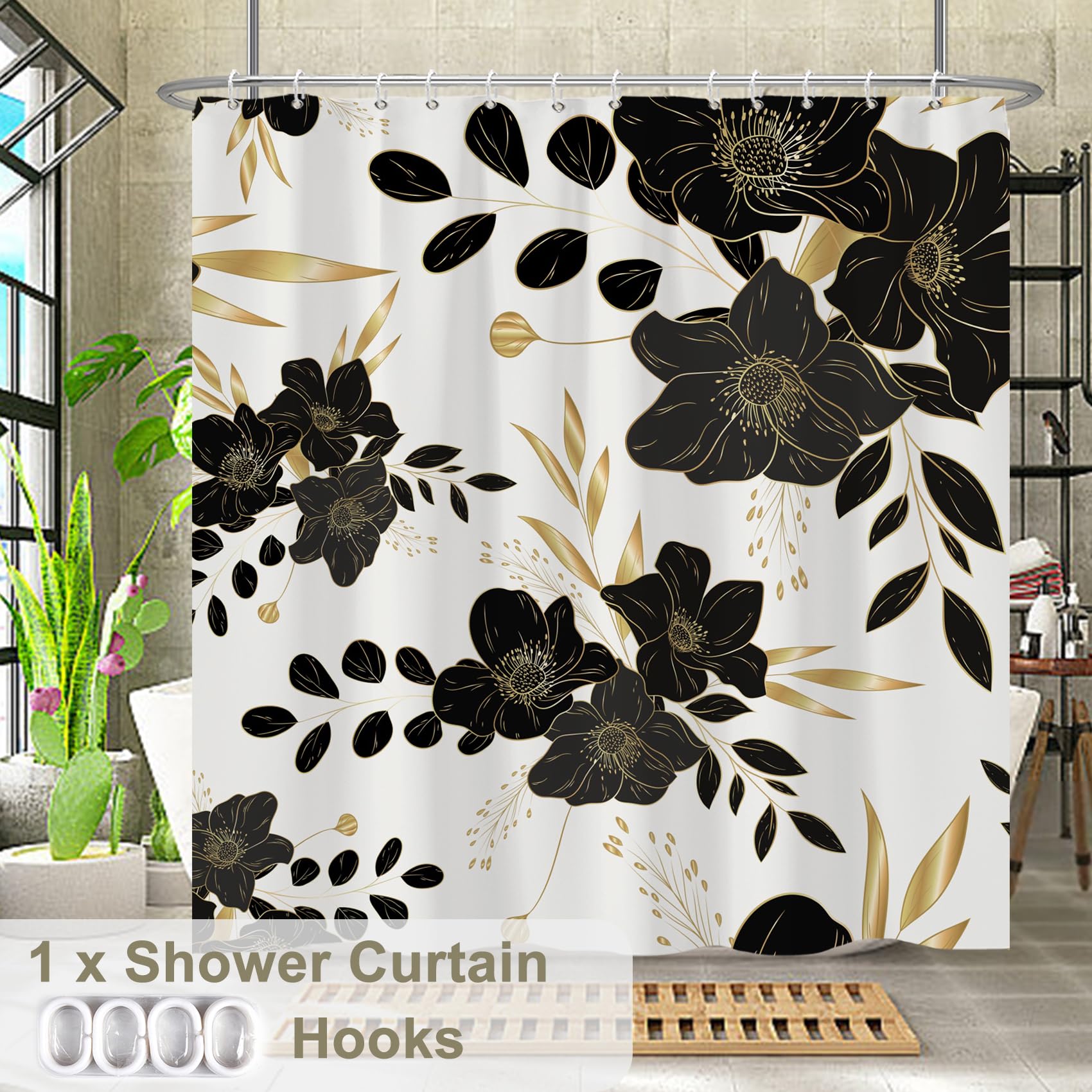 Yanutan Black Flower Shower Curtain, Black Dark Floral Gold Leaves Shower Curtain Set For Bathroom, Natural Plants Fabric Bath C