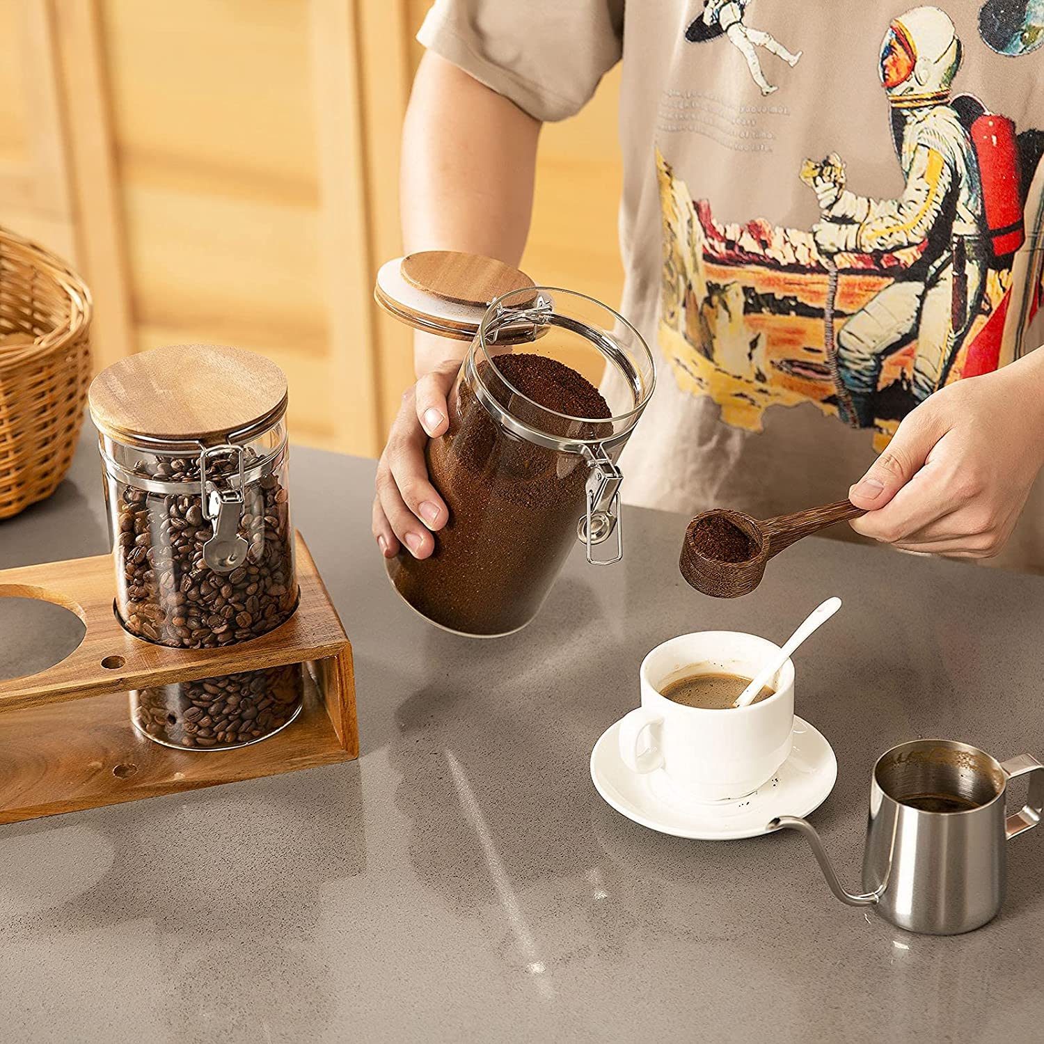 Yangbaga Glass Coffee Containers With Shelf, 2 X 45Oz Coffee Bean Canister Storage Station Organizer With Airtight Locking Clamp