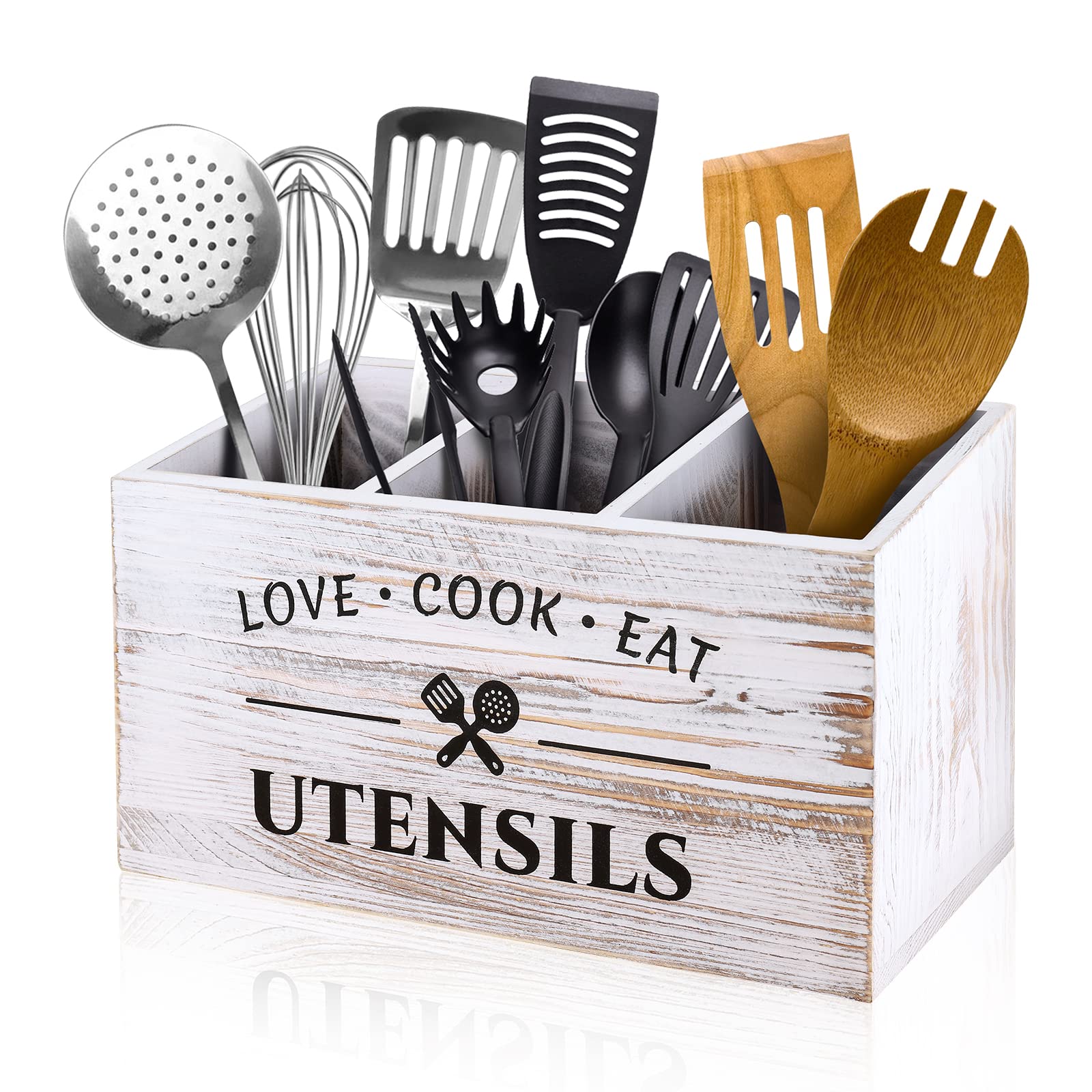 MINCORD Wood Kitchen Utensil Caddy with 3 Compartments, Rustic Farmhouse Style, Ideal for Storage and Organization, White