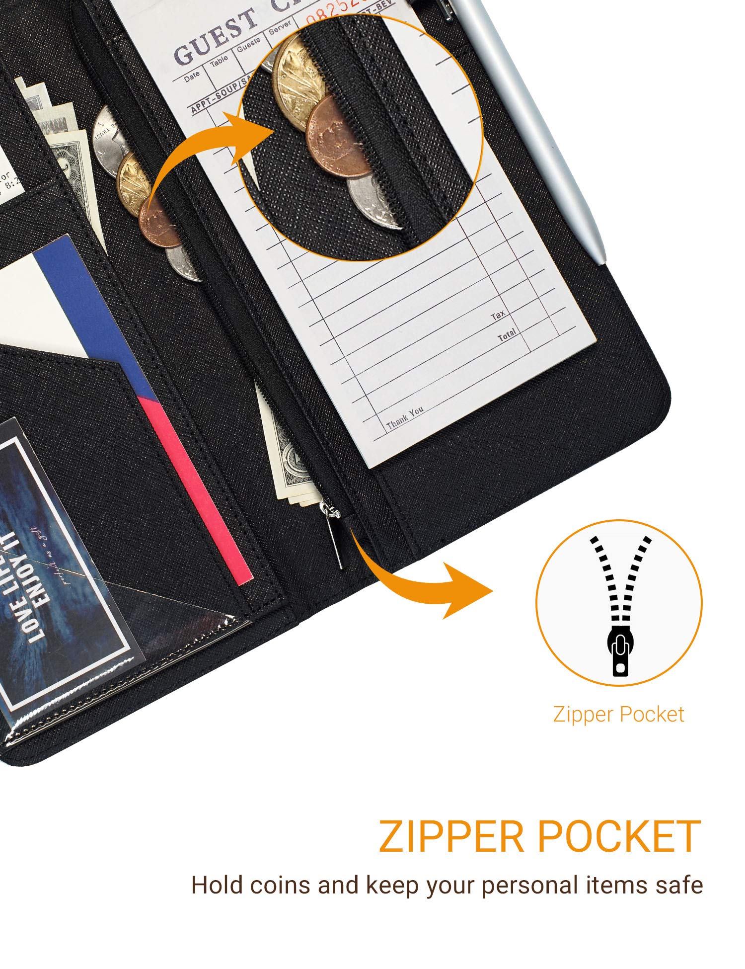 Server Book with Zipper and Magnetic Pocket Waitress Book Waiter Book Wallet Restaurant Waitstaff Organizer Fit Server Apron with Money Pocket 4.7'' X 9'' (Big Capacity with Magnetic Closure)