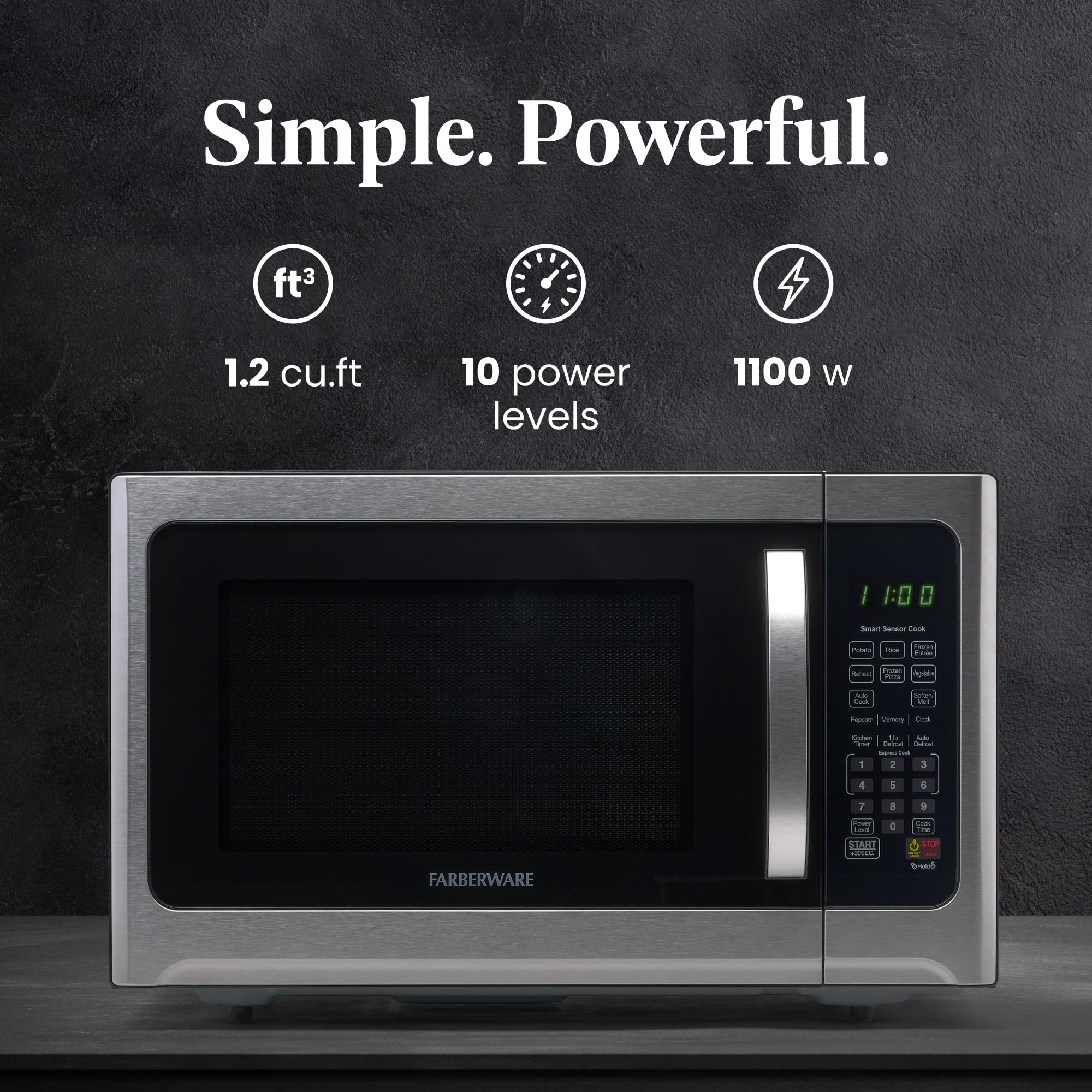 Farberware Countertop Microwave 1100 Watts, 1.2 Cu Ft - Smart Sensor Microwave Oven With Led Lighting And Child Lock - Perfect F