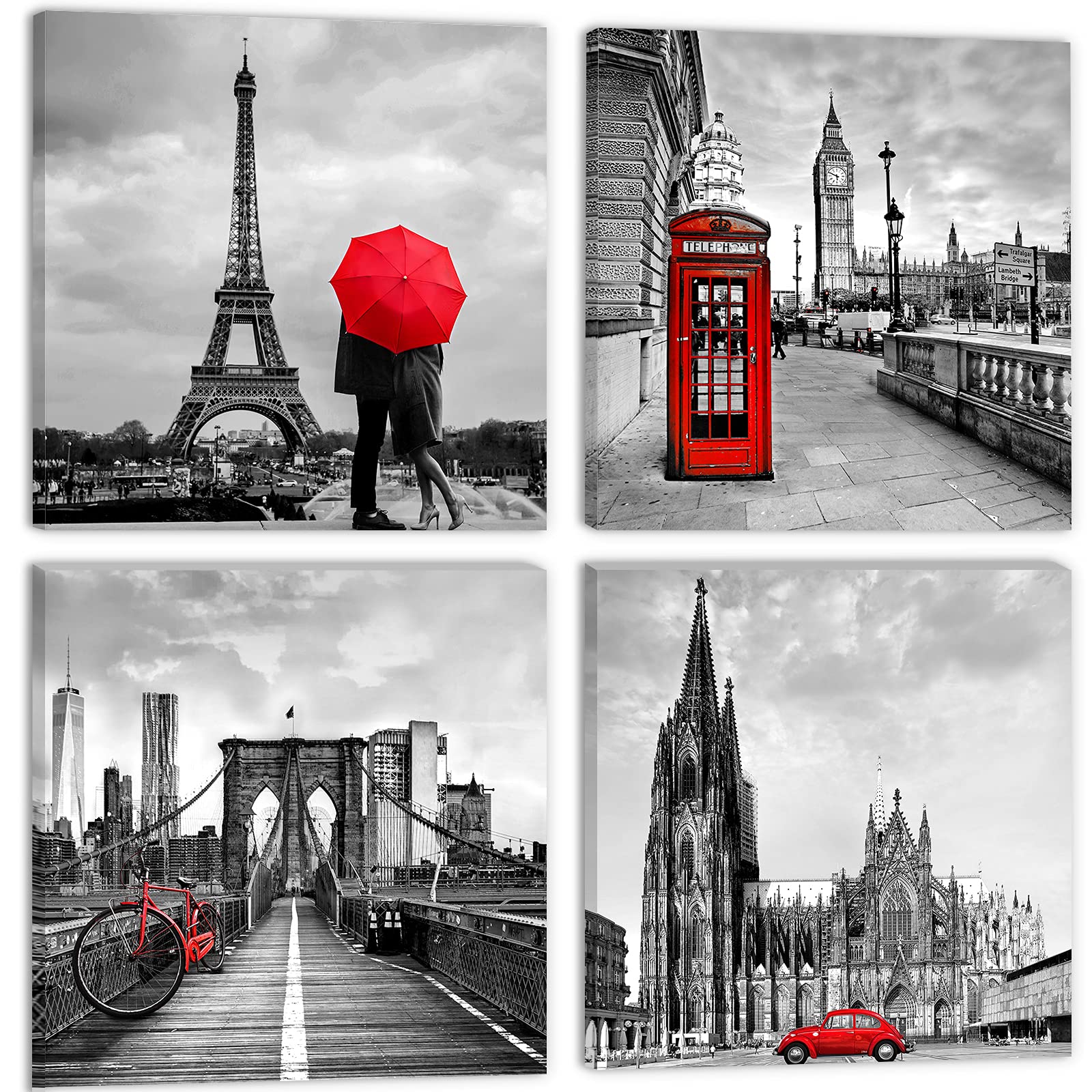 City Wall Art Framed Prints Grey Red Black Cityscape Pictures For Living Room Bedroom Wall Decor European Paris London New York