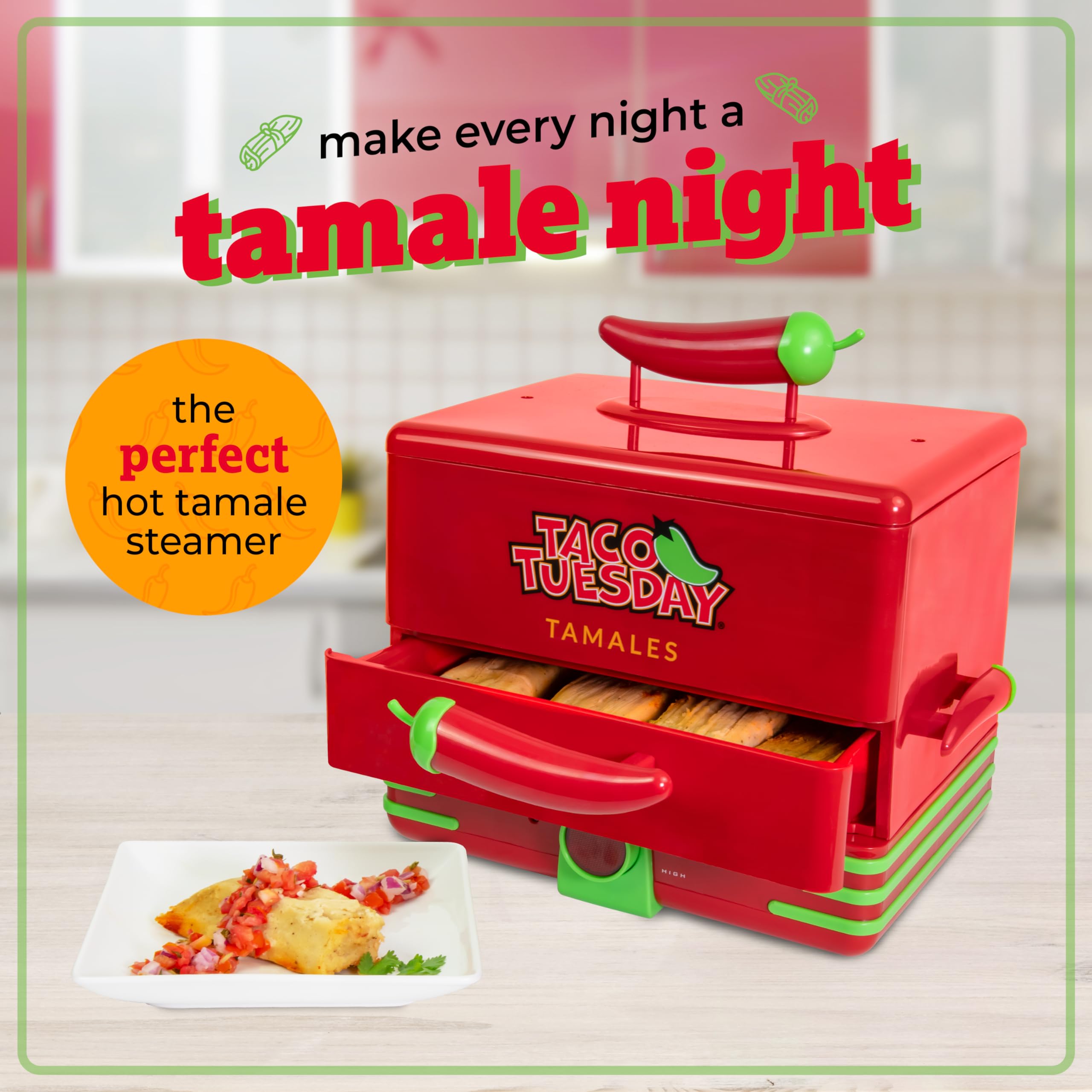 Nostalgia Taco Tuesday Tamales Steamer - 2-Tier Red & Green, Plastic/Metal, Model TTTS48RD6A, Perfect for Veggies, Pot Stickers, & More