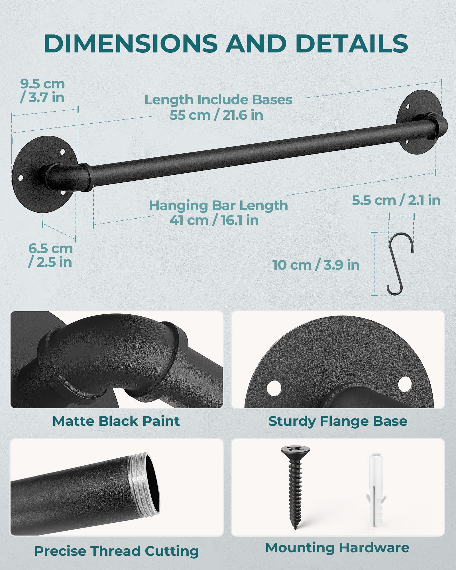 Oropy Wall Mounted Pot Pan Rack 21'' Set Of 2, Industrial Utensils Wall Hanger Iron Pipe Kitchen Hanging Rail With 10 S Hooks