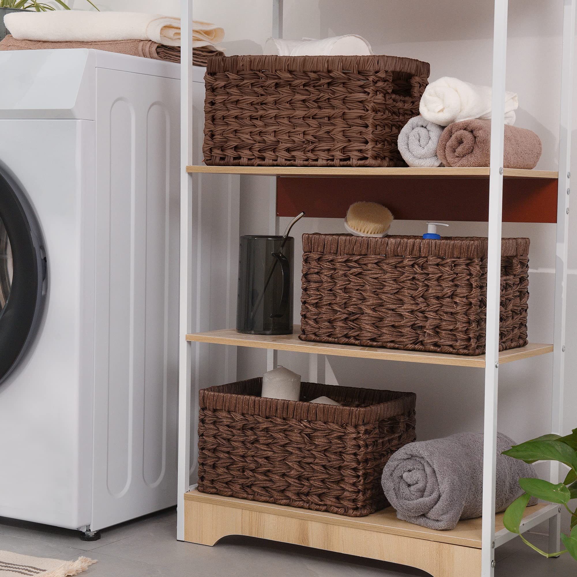 GRANNY SAYS Wicker Storage Baskets  Rectangle Storage Baskets for Shelves  Wicker Baskets for Organizing  Waterproof Woven Storage for Toilet Shelf Baskets  Laundry Room  Brown  2-Pack