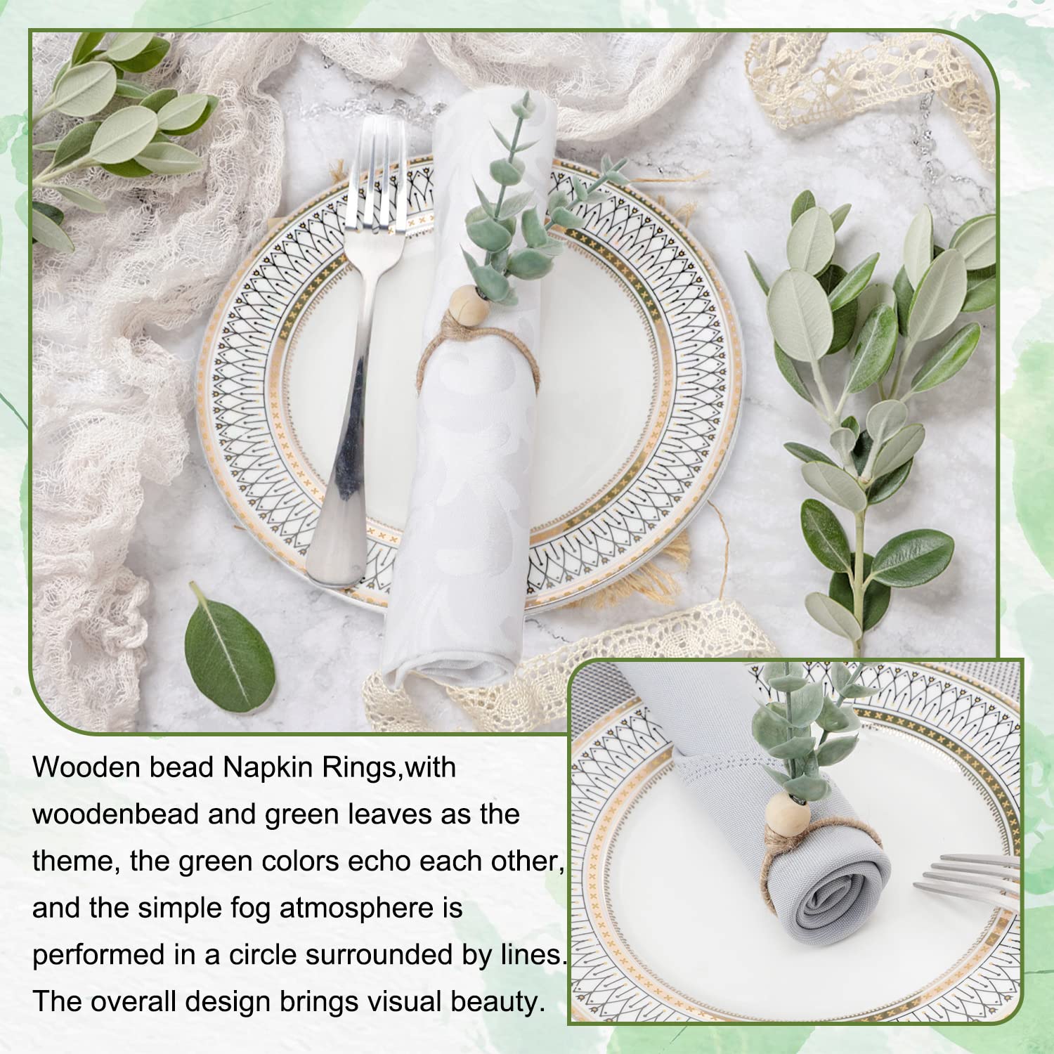 Mlurcu Napkin Rings Set Of 12, Eucalyptus Napkin Rings Christmas Napkin Rings Green Leaf Napkin Rings Spring Wood Bead Rustic Na