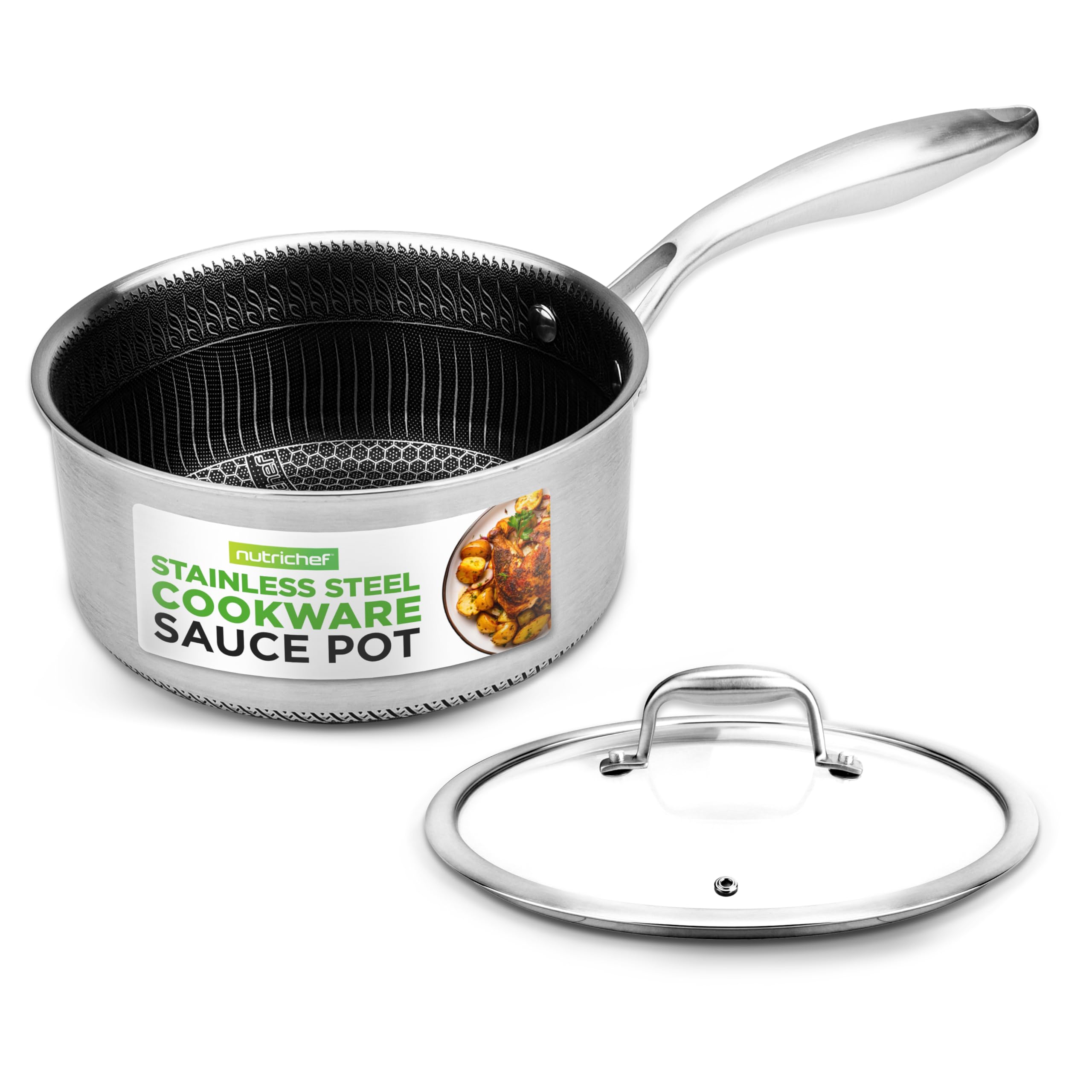 NutriChef 2 QT Stainless Steel Sauce Pot - Triply Kitchenware Sauce Pot with Glass Lid - DAKIN Etching Non-Stick Coating, Scratc