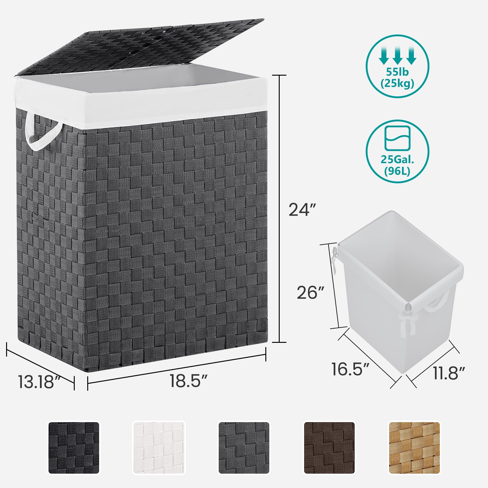 Laundry Hamper Basket With Lid By Fiona'S Magic, Handwoven 96L Large Clothes Hamper With Removable Liner Bags, Collapsible Tall