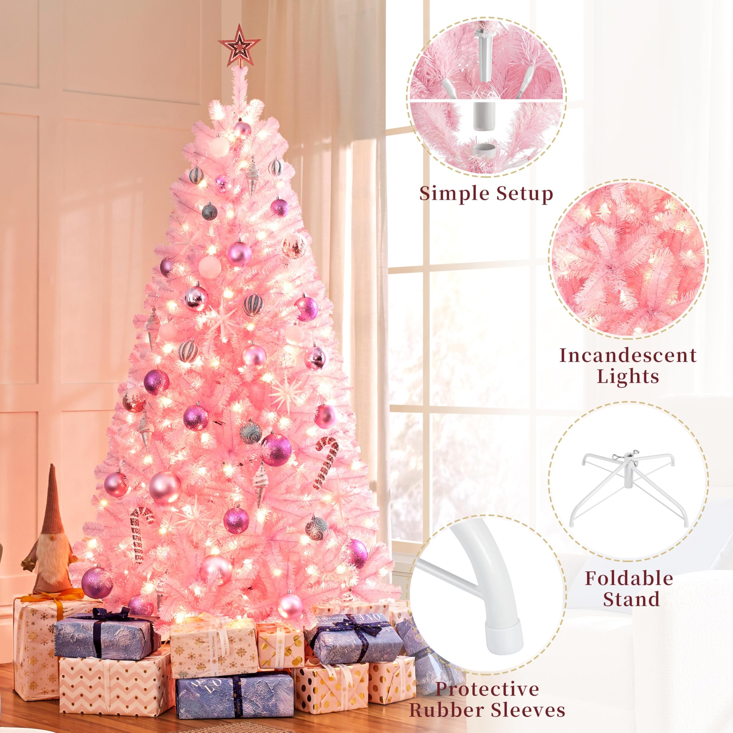 Yaheetech 7.5ft Pre-lit Artificial Hinged Christmas Tree Prelighted Full Holiday Xmas Tree for Home Party Decoration with 550 Wa