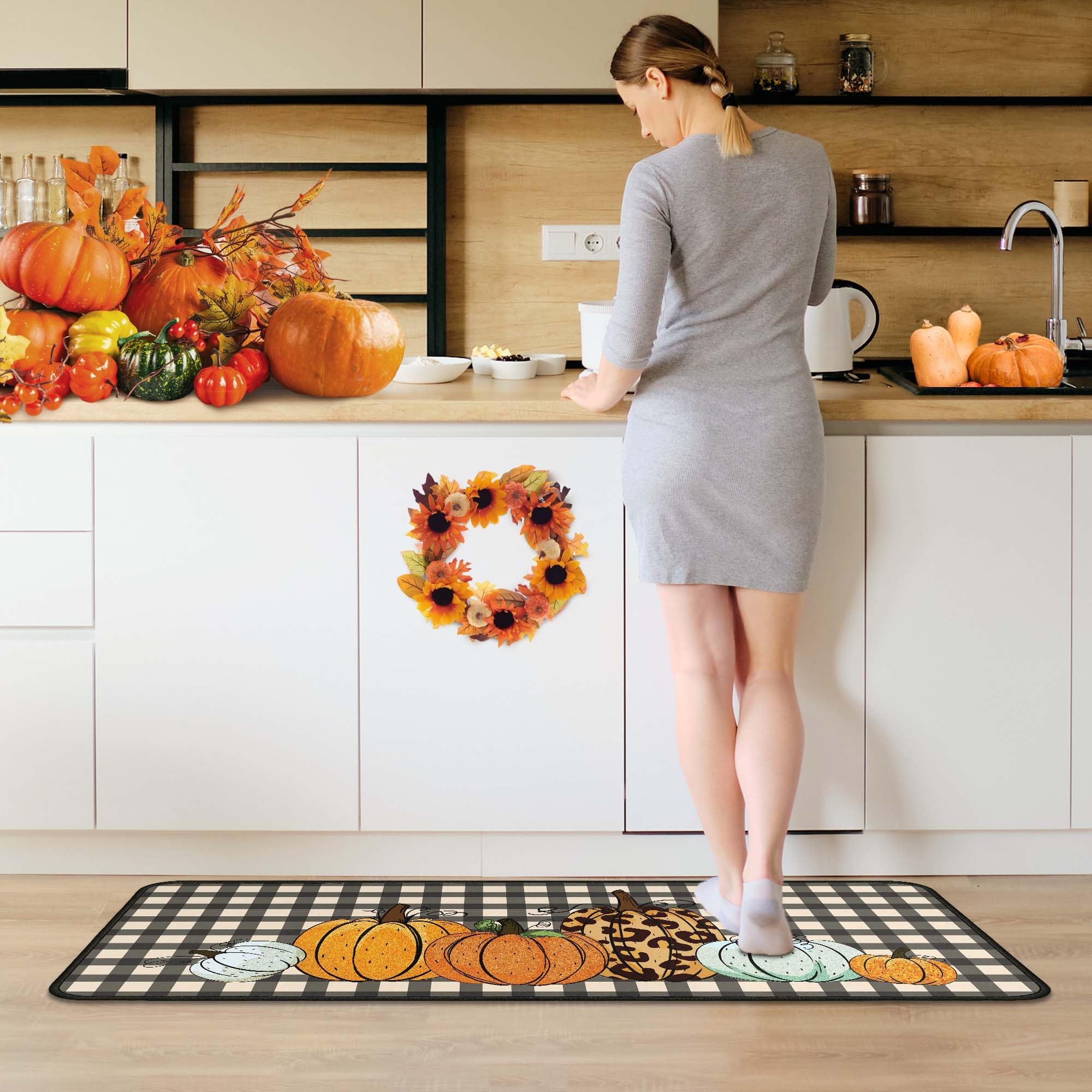 OUXIOAZ Welcome Fall Pumpkin Decorative Kitchen Rugs Set of 2, Autumn Pet Pumpkin Kitchen Mats Decor Dog Lover Gifts, Maple Leav