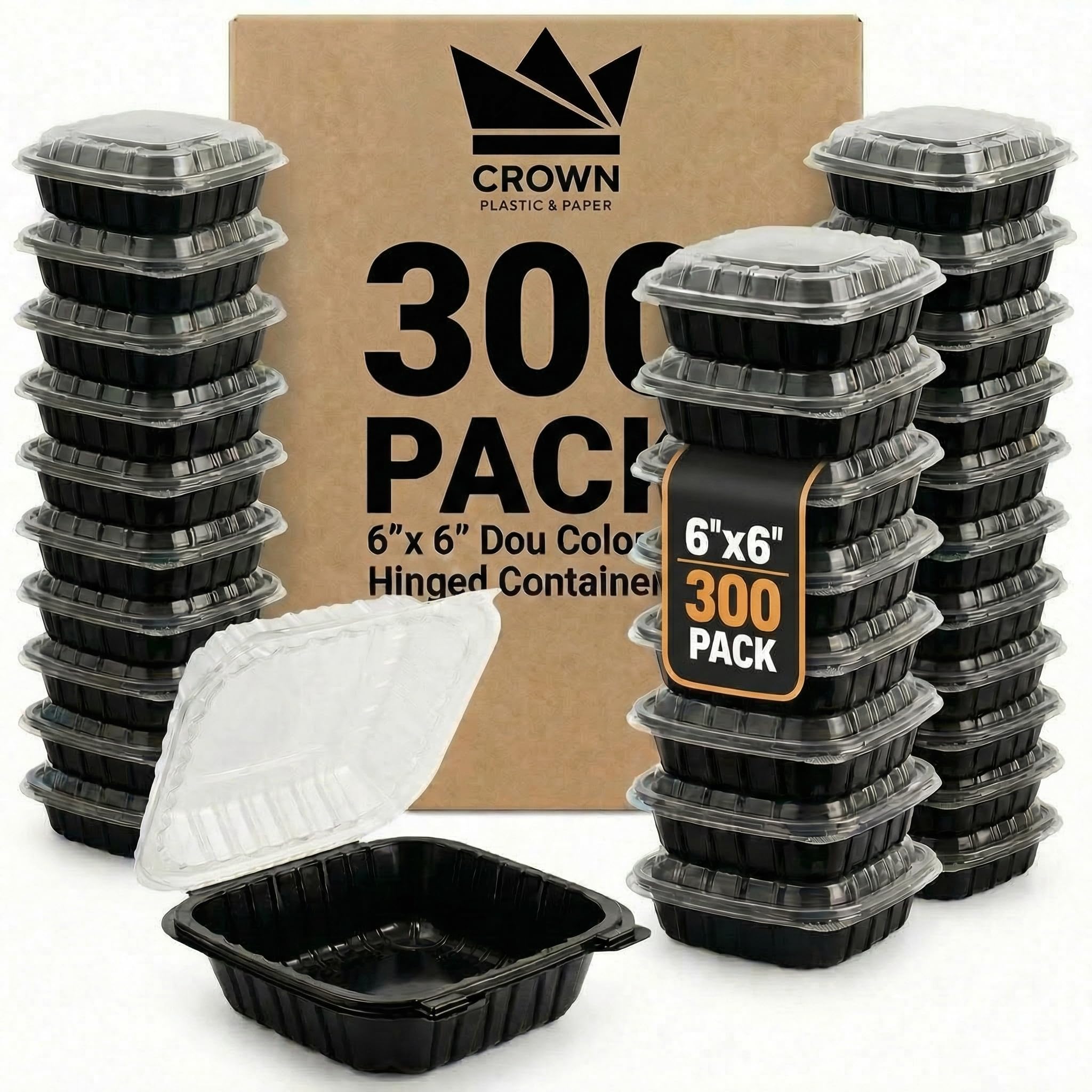 6 x 6 Hinged Takeout Containers  MicrowaveSafe Black Plastic Containers with Clear Lids for Catering  Reusable & Dispos
