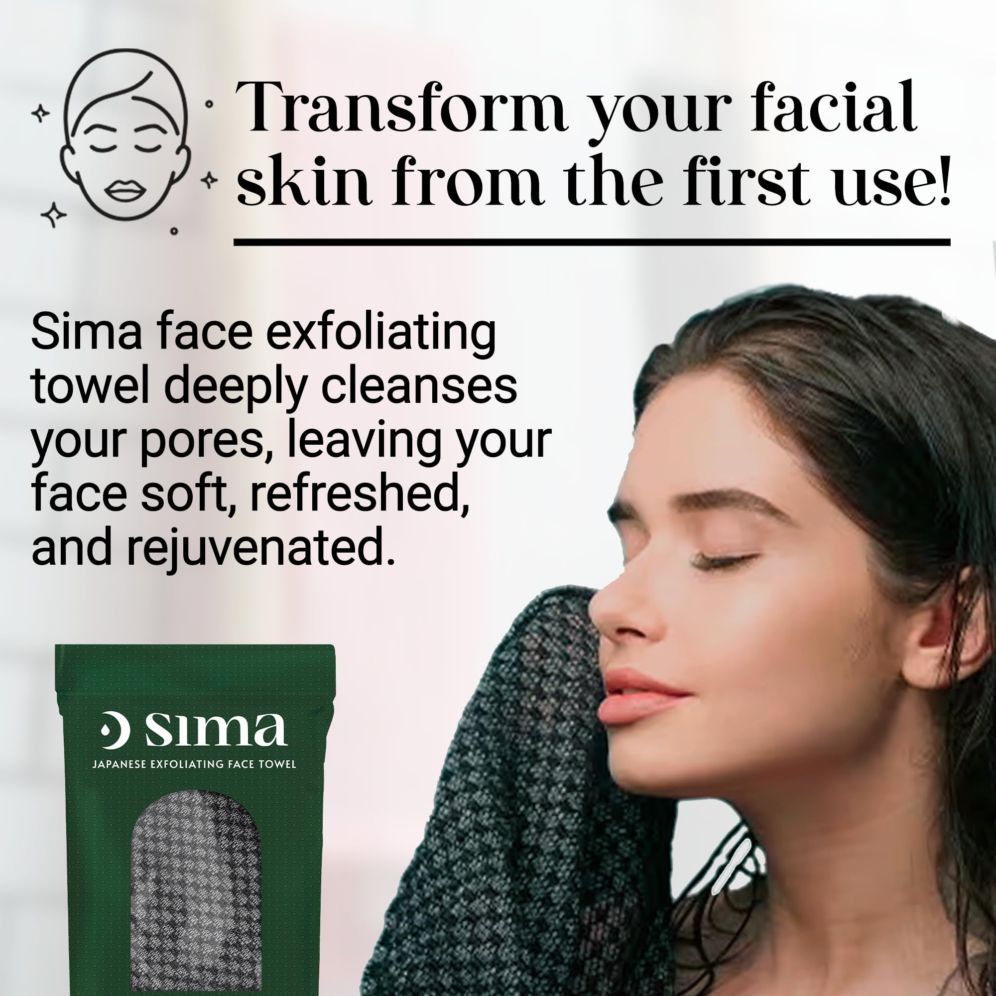 Sima Brand Exfoliating Washcloth - Japanese Scrub Towel, Hexagon Fibers, 27cm x 35cm, Black, 2-Sided Face & Body Scrubber
