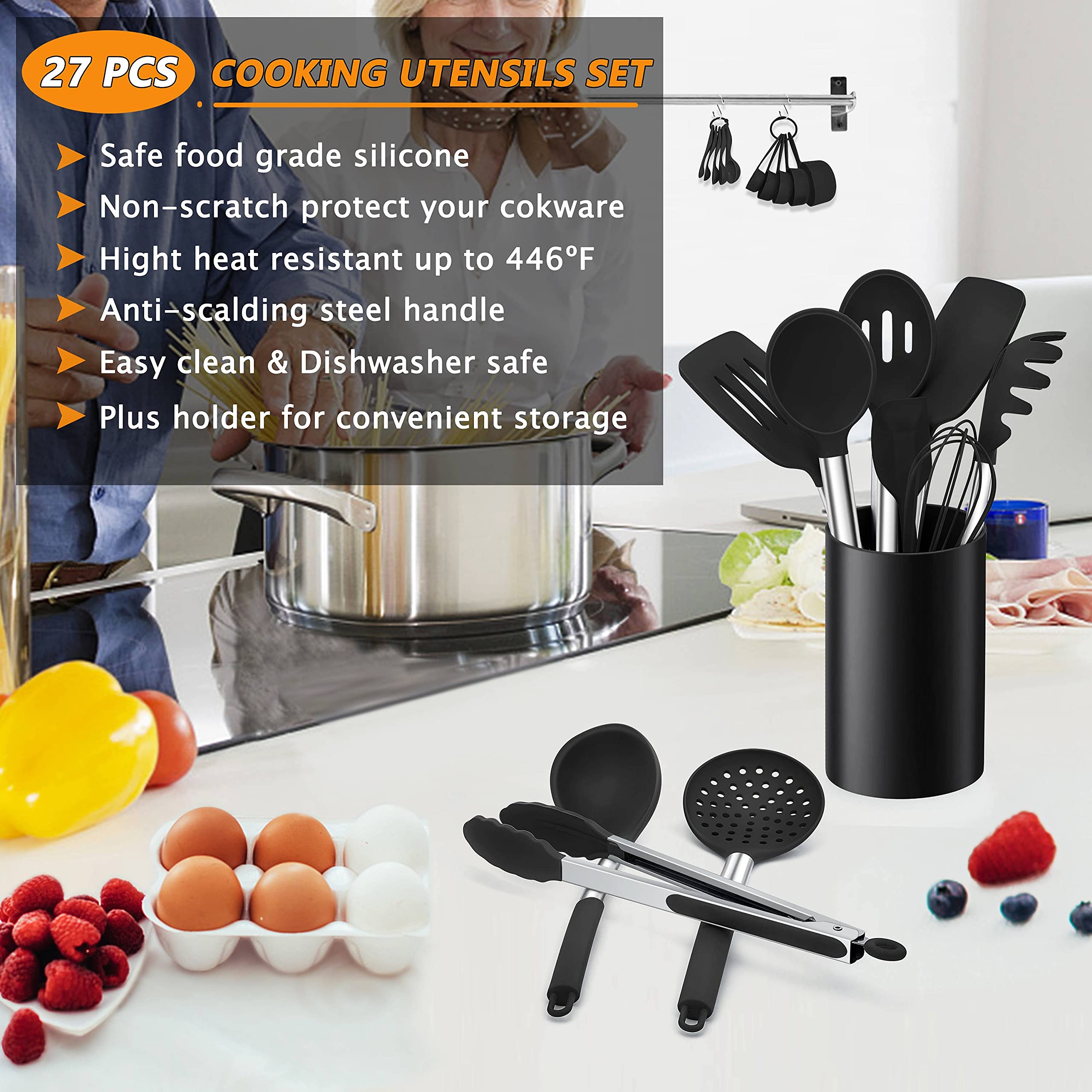 Lianyu 27 Pcs Cooking Utensils Set With Holder, Silicone Kitchen Utensils Spatula Set With Stainless Steel Handle, Kitchen Cooki