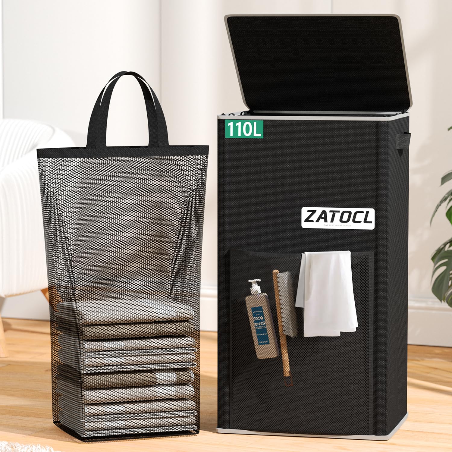 Laundry Hamper With Lid 110L, Laundry Basket Clothes Hamper With Washing Bag & Front Mesh Bag, Large & Tall Hampers For Bedroom