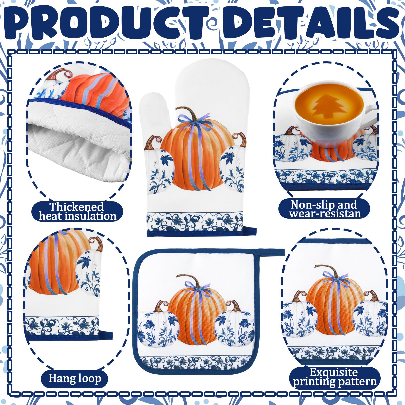 Fanfanwin 10 Pcs Thanksgiving Pumpkin Kitchen Decor Set Kitchen Towels Pot Holders Oven Mitts and Rugs Set Blue and White Porcel