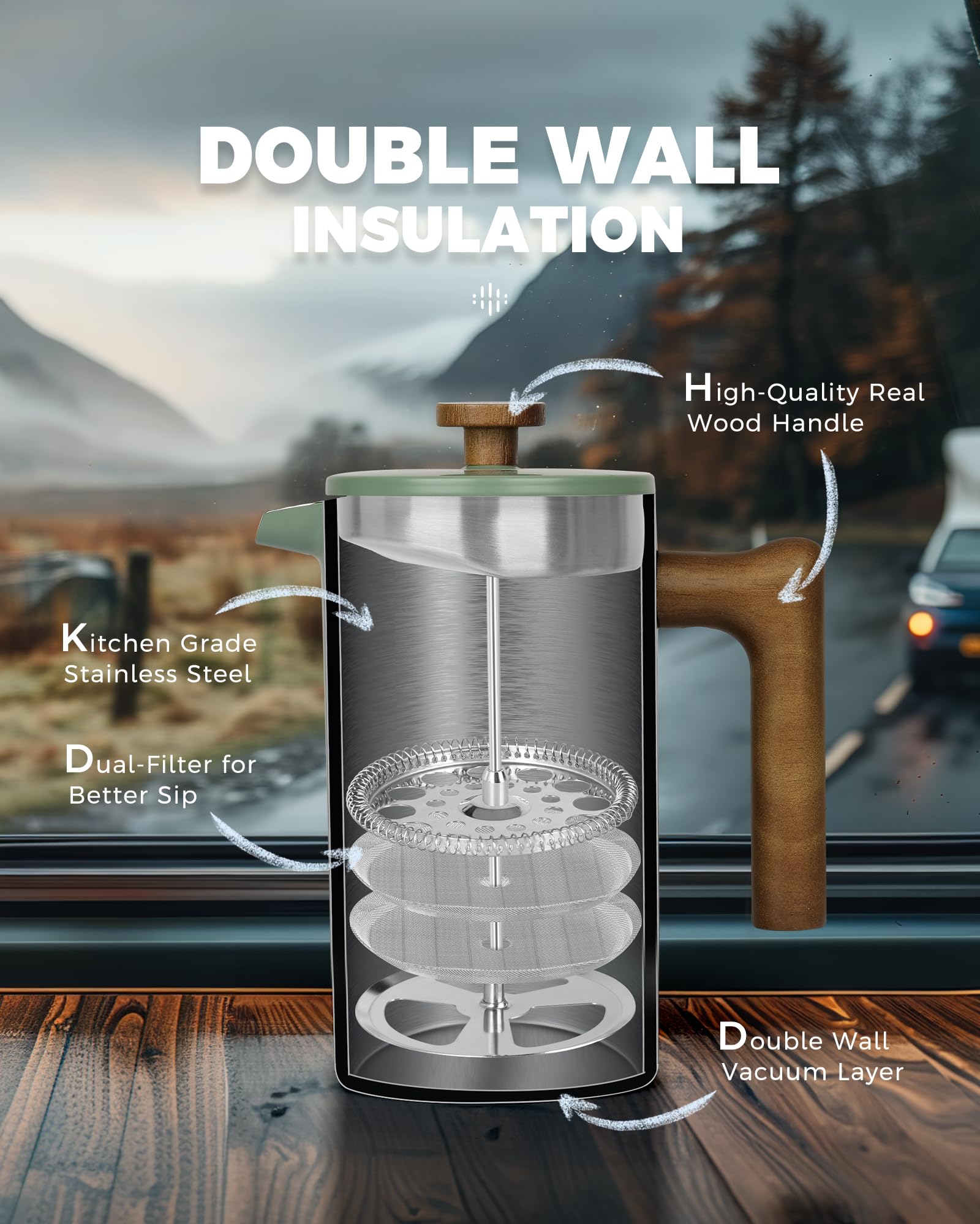 Poliviar French Press Coffee Maker, 34 Ounce Coffee Press With Real Wood Handle, Double Wall Insulation & Dual- Filter Screen, F