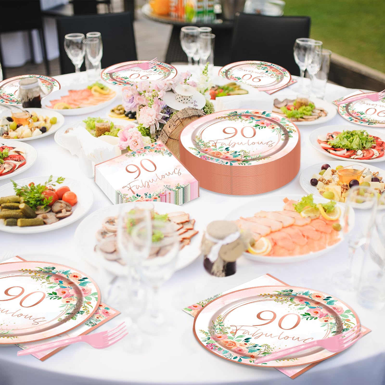 200Pcs 90Th Birthday Party Supplies Rose Gold Tableware Set Fabulous Disposable Plates Napkins Forks 90Th Birthday Party Decorat