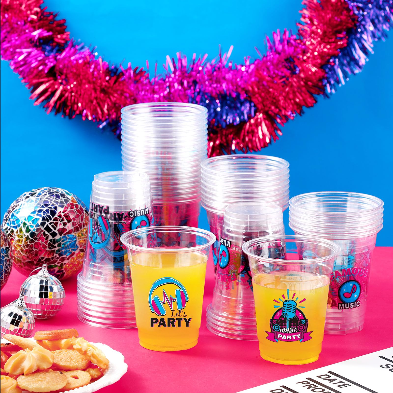 Yaomiao 50 Pieces Music Party Plastic Cups 12 Oz Bulk Musical Clear Disposable Cups Rock And Roll Party Drinking Beverage Cups F