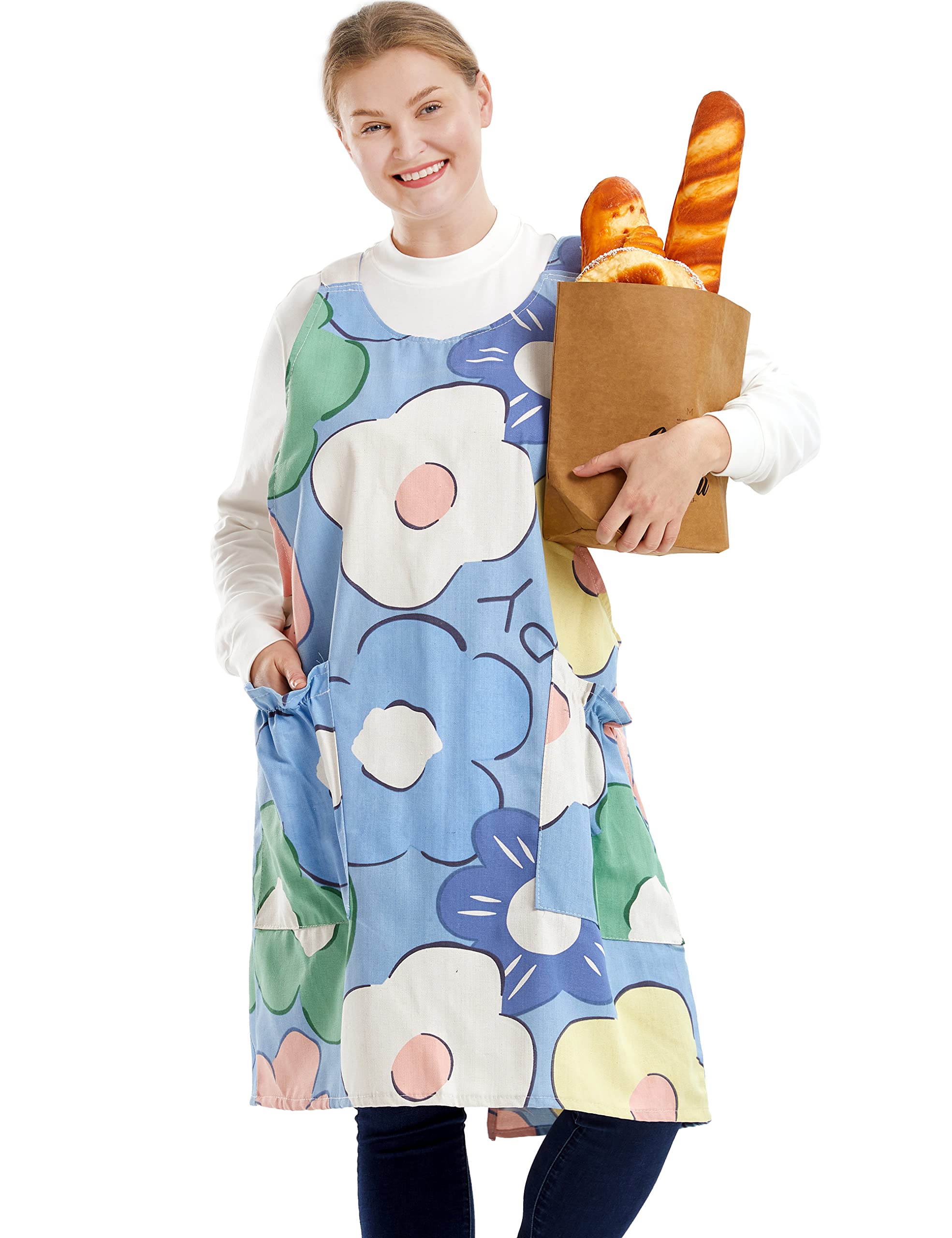 Apronner Big Plus Size Aprons For Women With Pockets Cotton Linen Baking Kitchen Cooking Poached Egg Flowers