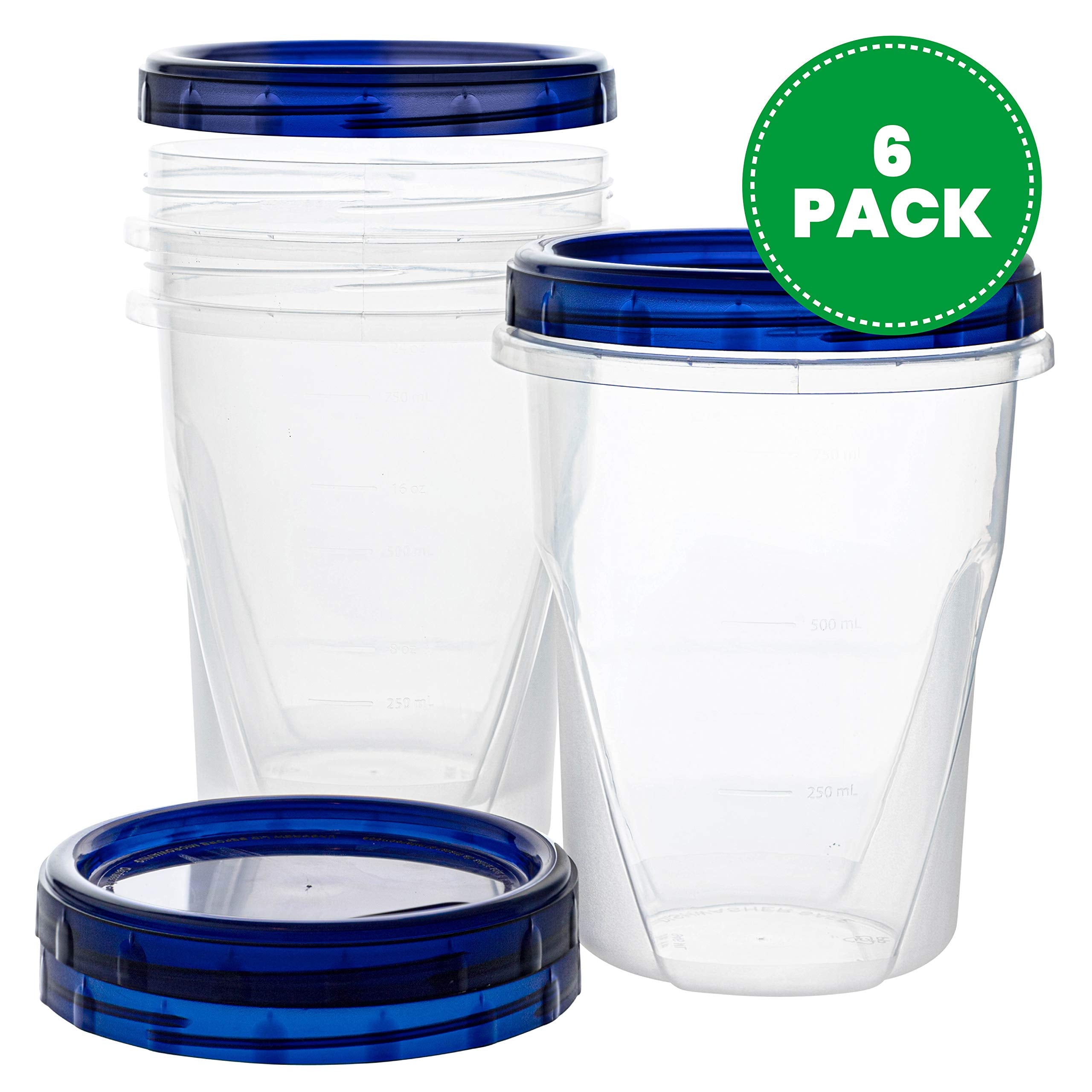 Plasticpro Food Storage Freezer Deli Containers Clear Bottom With Blue Top Twist On Lids Reusable, Stackable,[32 Oz 6 Pack]