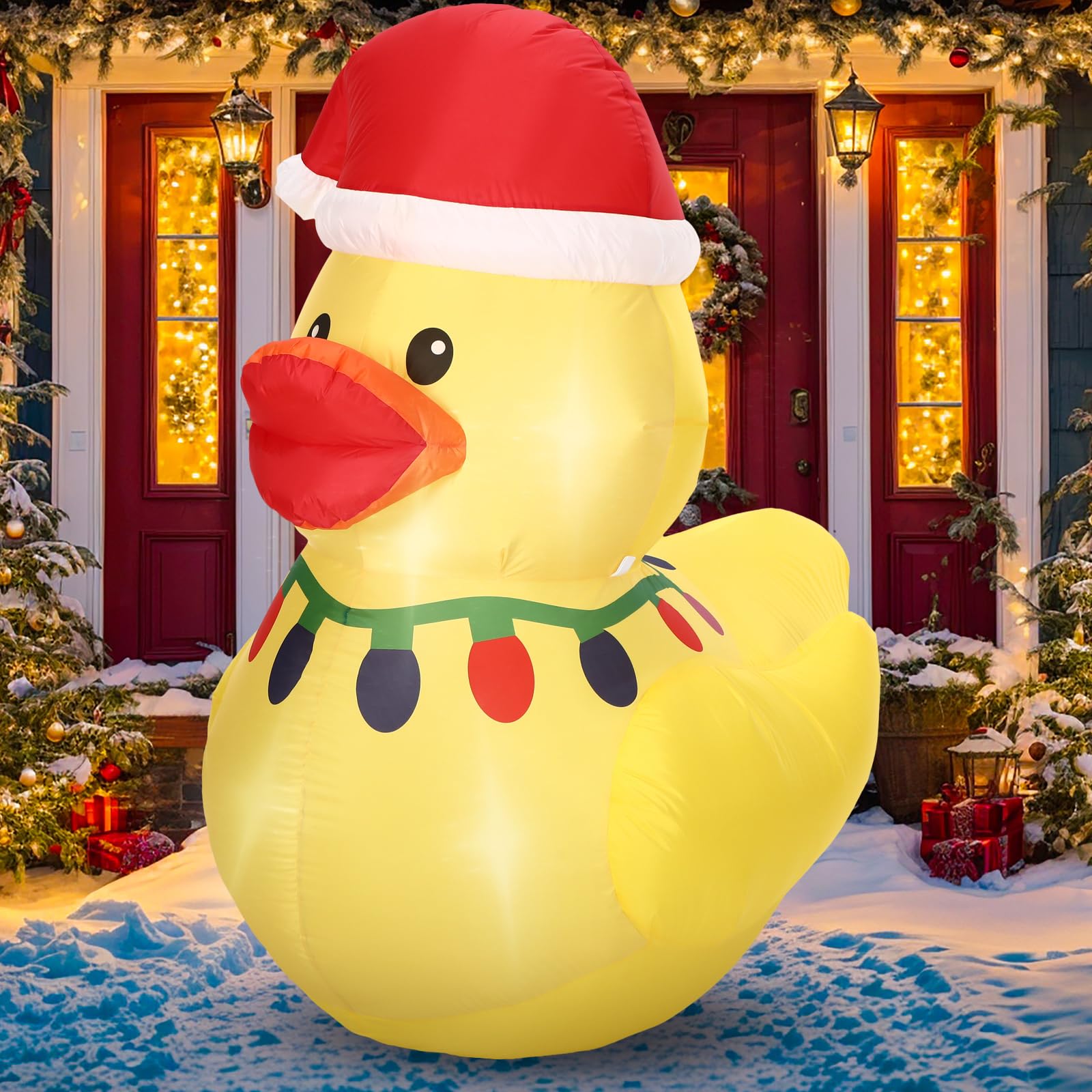 Leyndo 1 Set 5FT Christmas Inflatables Decoration Outdoor Inflatables Duck with Build-in LEDs Lights Giant Blow up Duck Wear Cla
