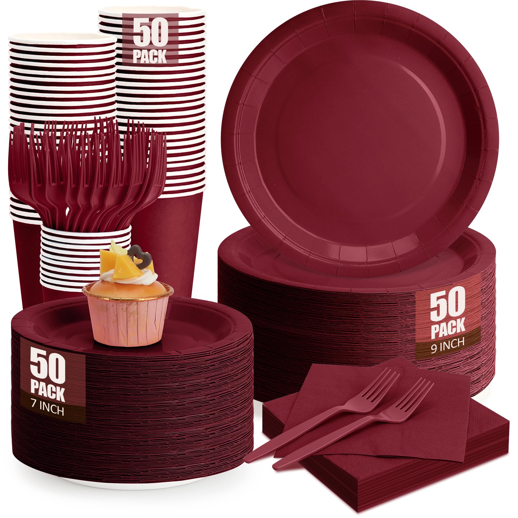 CENLBJ 250Pcs Burgundy Paper Plates and Napkins Supplies, Include 9Paper Party Plate, 7Dessert Plates Cups Napkins Forks Sets fo