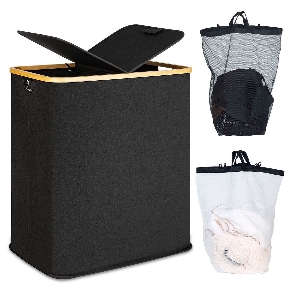 Efluky Laundry Hamper With Lid, Double Laundry Hamper With 2 Removable Bags, 2 Section Laundry Hamper With Bamboo Handles For Be