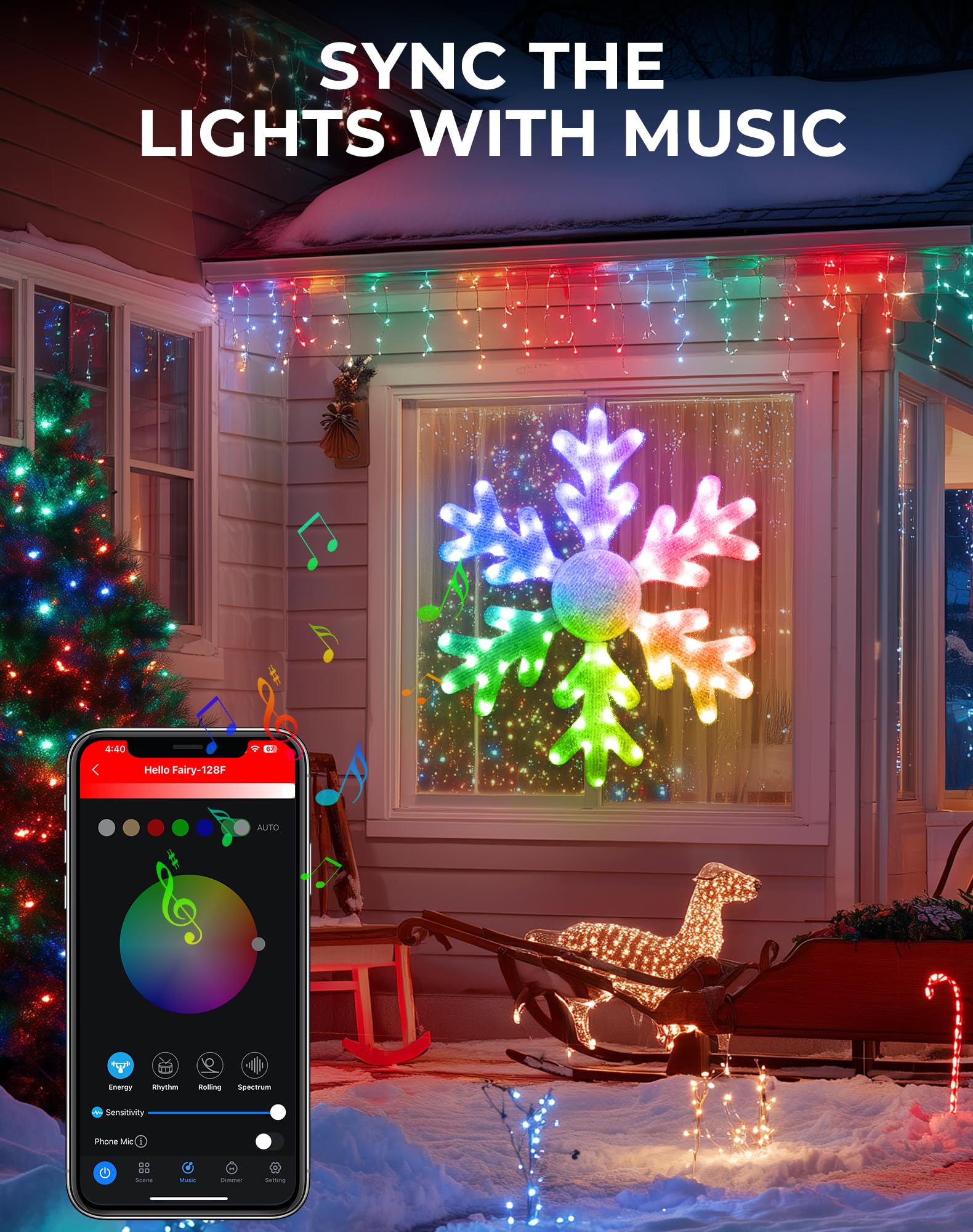 32 Smart LED Snowflake Christmas Lights Outdoor, DIY Color Changing Big Folding Plug in Window Hanging Lights Music Sync Chasing