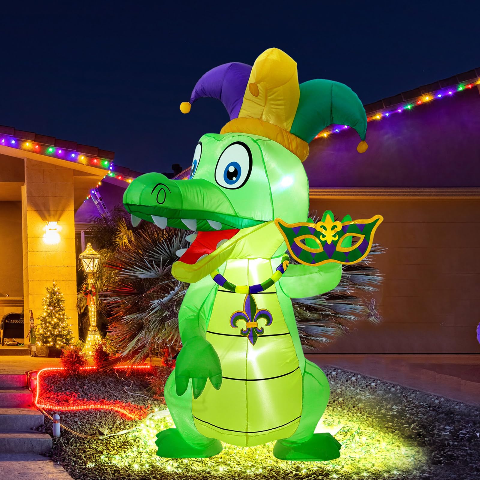 Shappy 6 ft Huge Mardi Gras Inflatable Decoration Inflatable Alligator with Crown Necklace Built in LED Lights Blow up Alligator