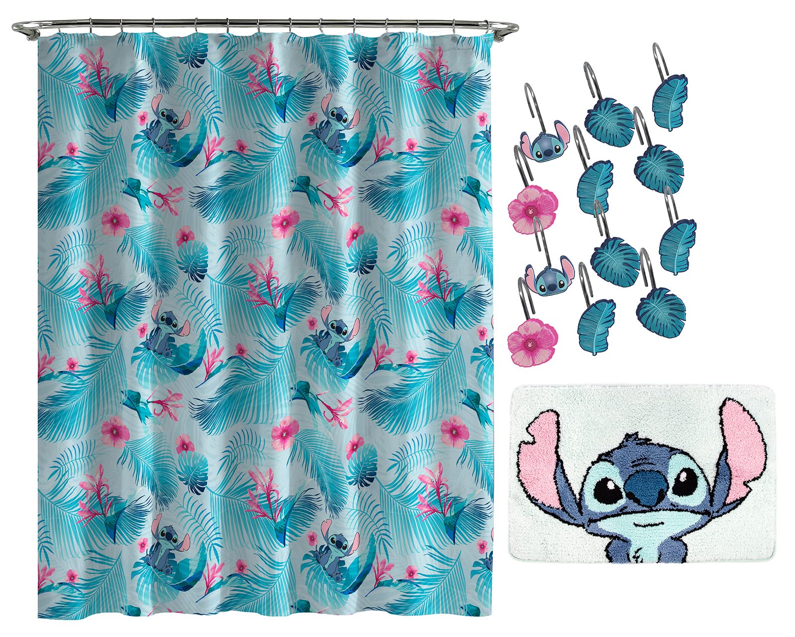 Jay Franco Disney Lilo & Stitch Floral Fun 14 Piece Bathroom Set - Includes Shower Curtain, 12 Hooks, & Non-Slip Bath Rug - Easy
