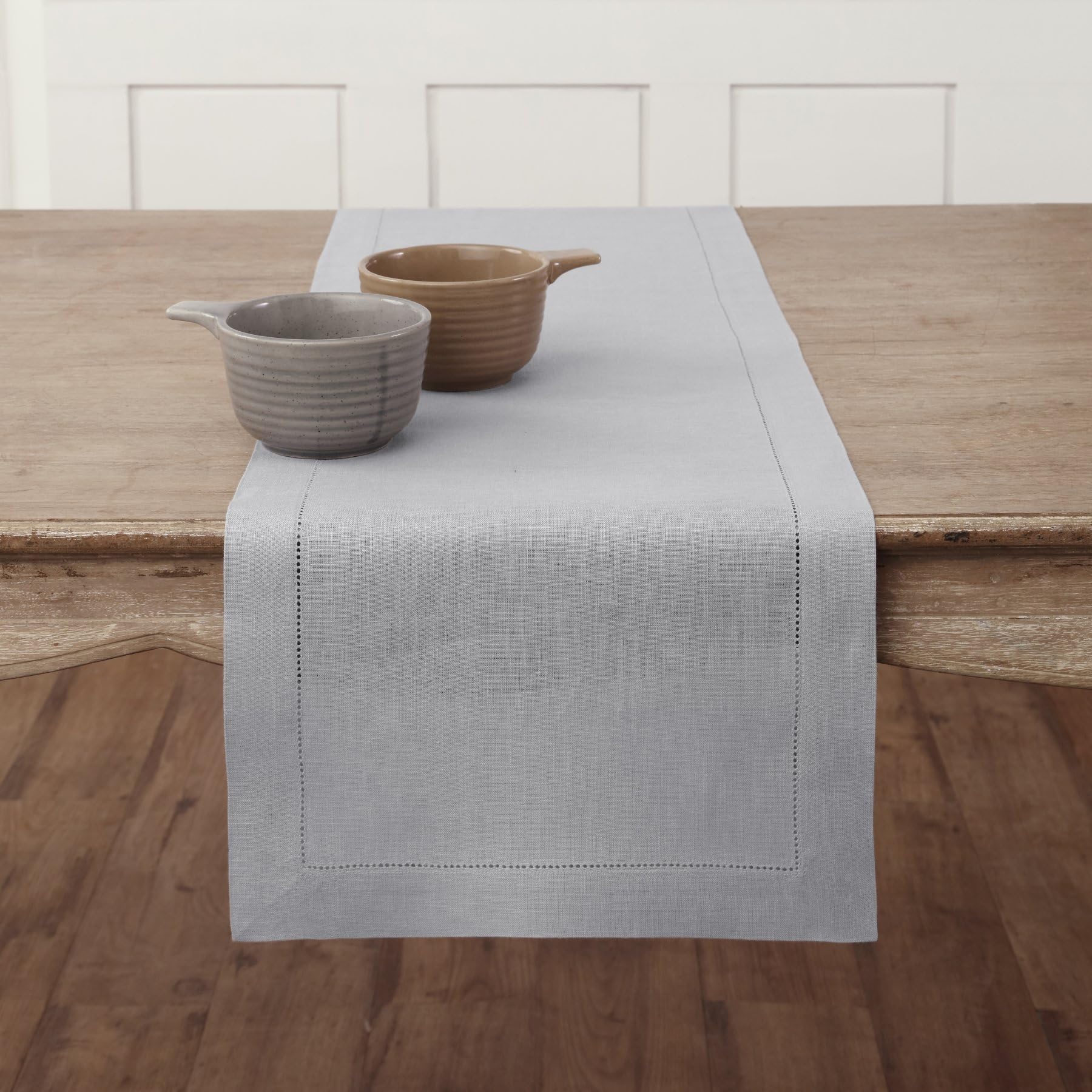 Solino Home Soft Grey Linen Table Runner 108 Inches Long - 100% Pure Linen Classic Hemstitch Table Runner 14 X 108 Inch - Machin