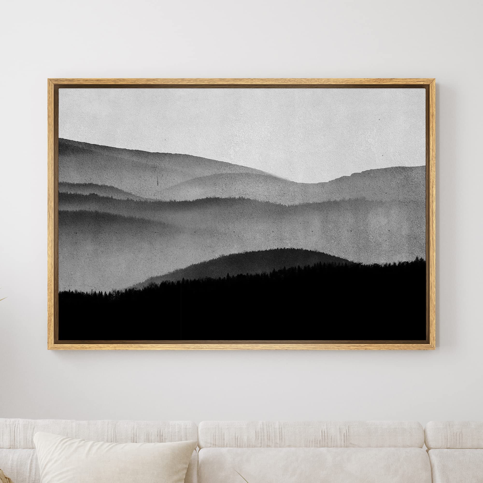 SIGNWIN Framed Canvas Print Wall Art Black Gray Watercolor Mountain Range Vista Abstract Nature Illustrations Modern Art Decorative Elements Duotone for Living Room  Bedroom  Office - 16''x24'' Natural