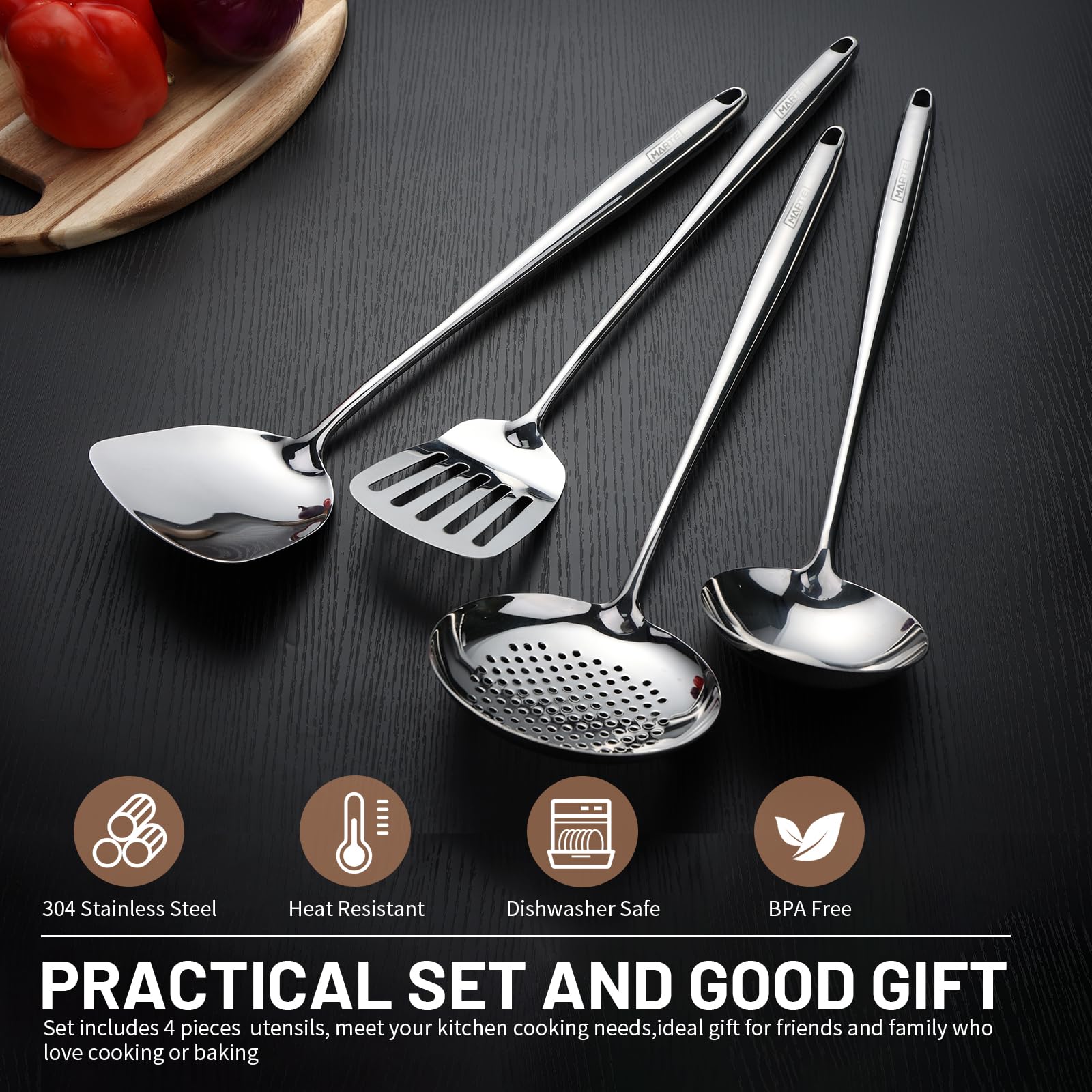 Wok Spatula And Ladle,Skimmer Slotted Spoon Set - Mirror Polished Asian Wok Cooking Tools - 18/8 Stainless Steel Wide Wok Spatul