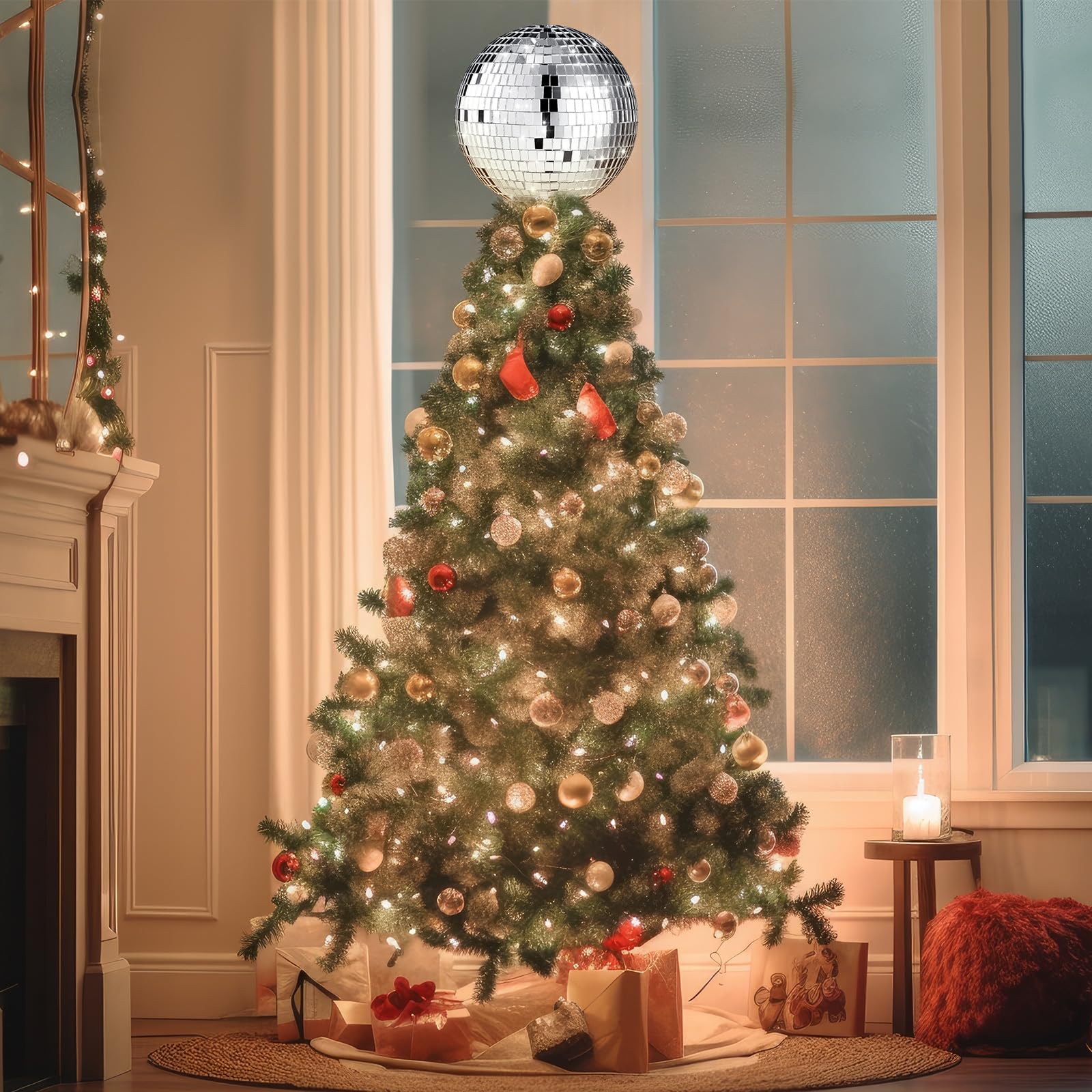 Retisee 8 Disco Ball Christmas Tree Topper Disco Mirror Ball Xmas Tree Topper 3D Hollow Silver Decor Ornament for 70s Holiday