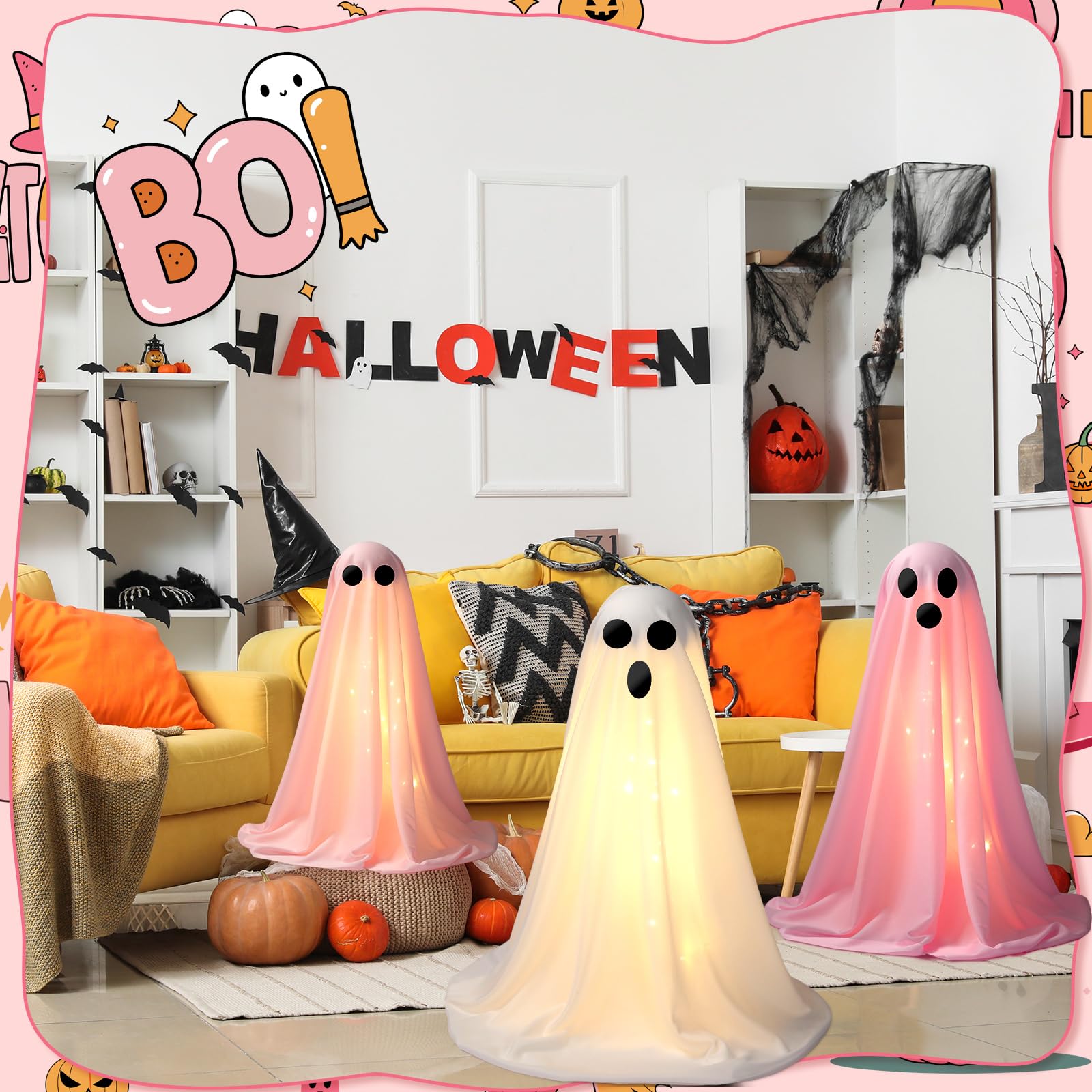 VitalCozy 3 Pack Halloween Decorations Indoor Outdoor Large Light up Spooky Ghost Cute Scary Standing Ghosts Decor with LED Ligh